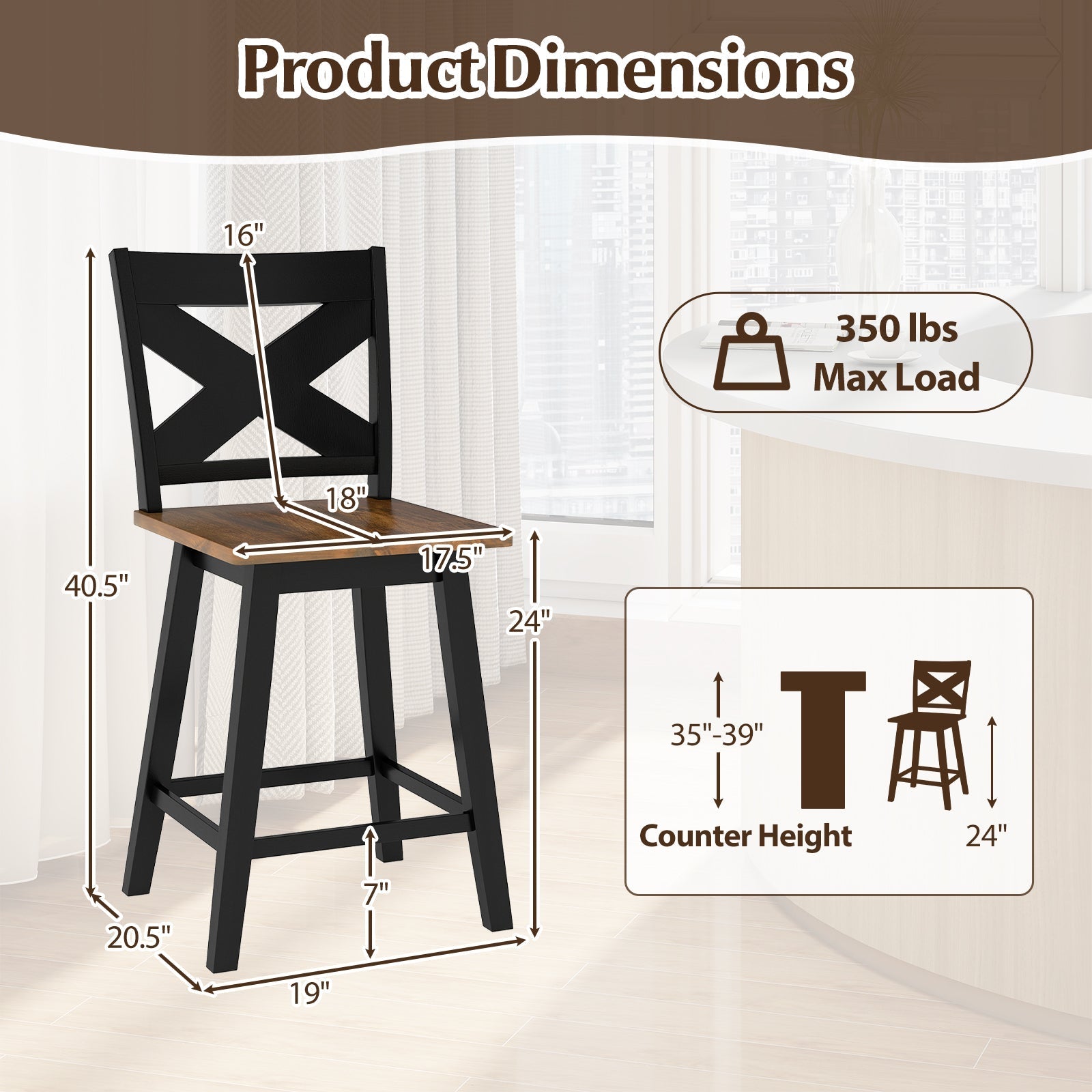 24" Rubberwood Swivel Barstools Set of 2 with Backrest and Large Seat