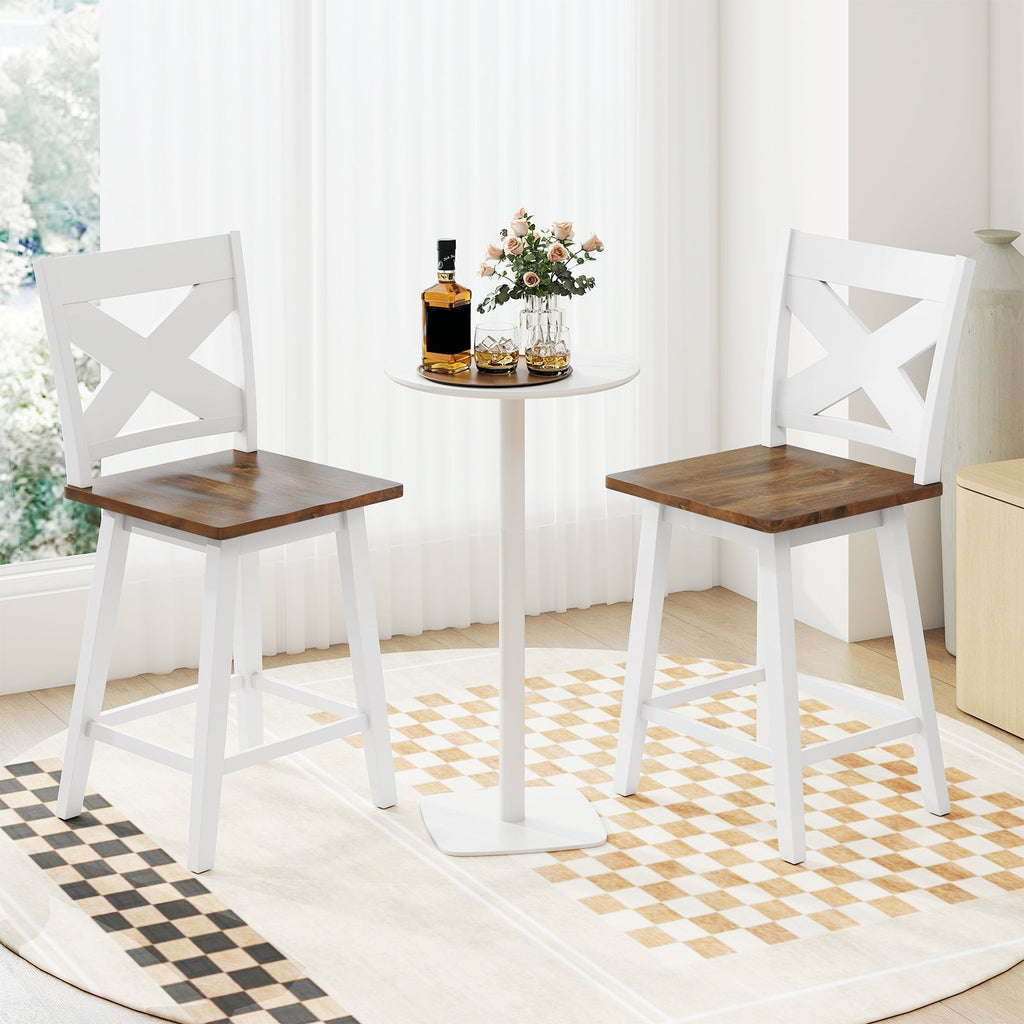 24" Rubberwood Swivel Barstools Set of 2 with Backrest and Large Seat