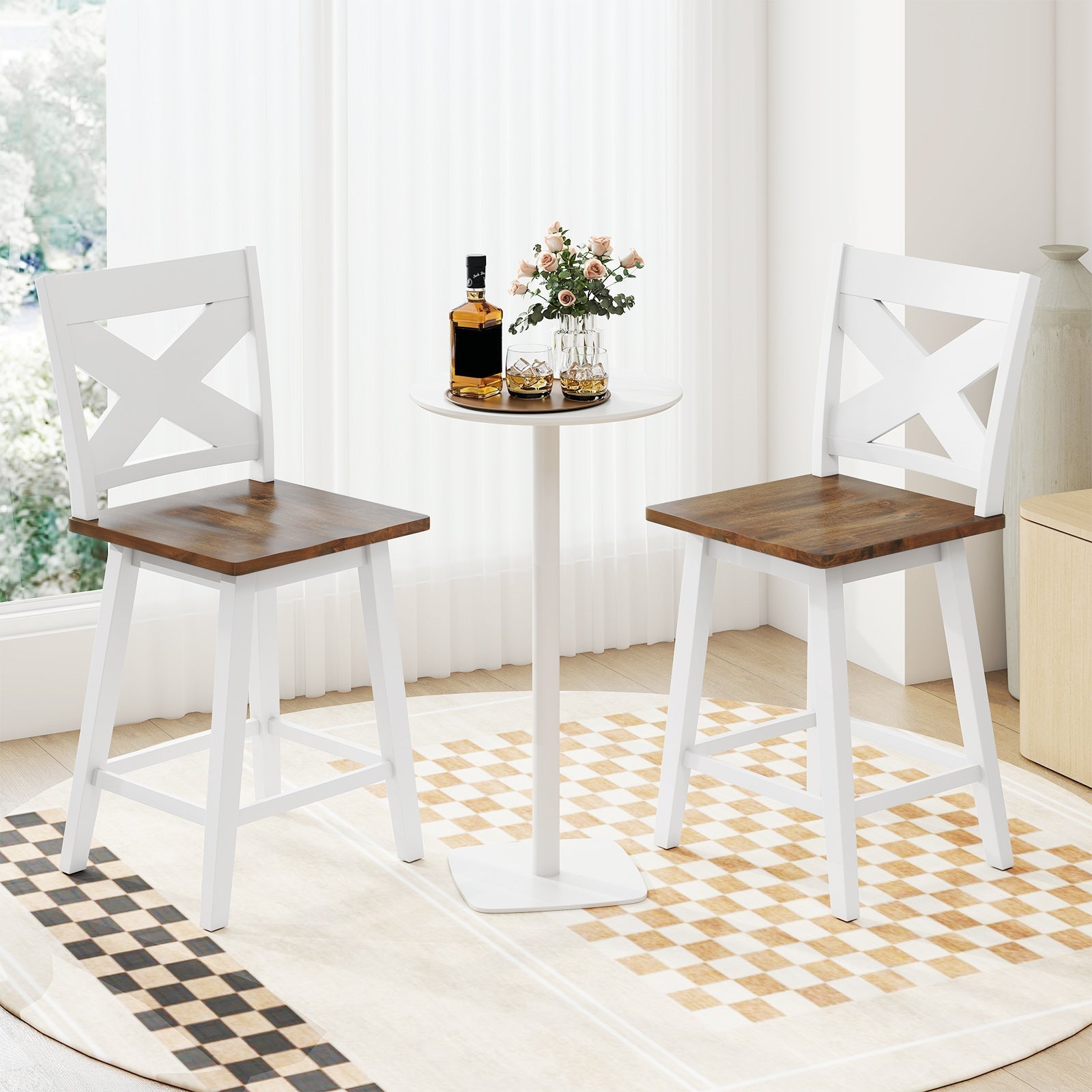 24" Rubberwood Swivel Barstools Set of 2 with Backrest and Large Seat