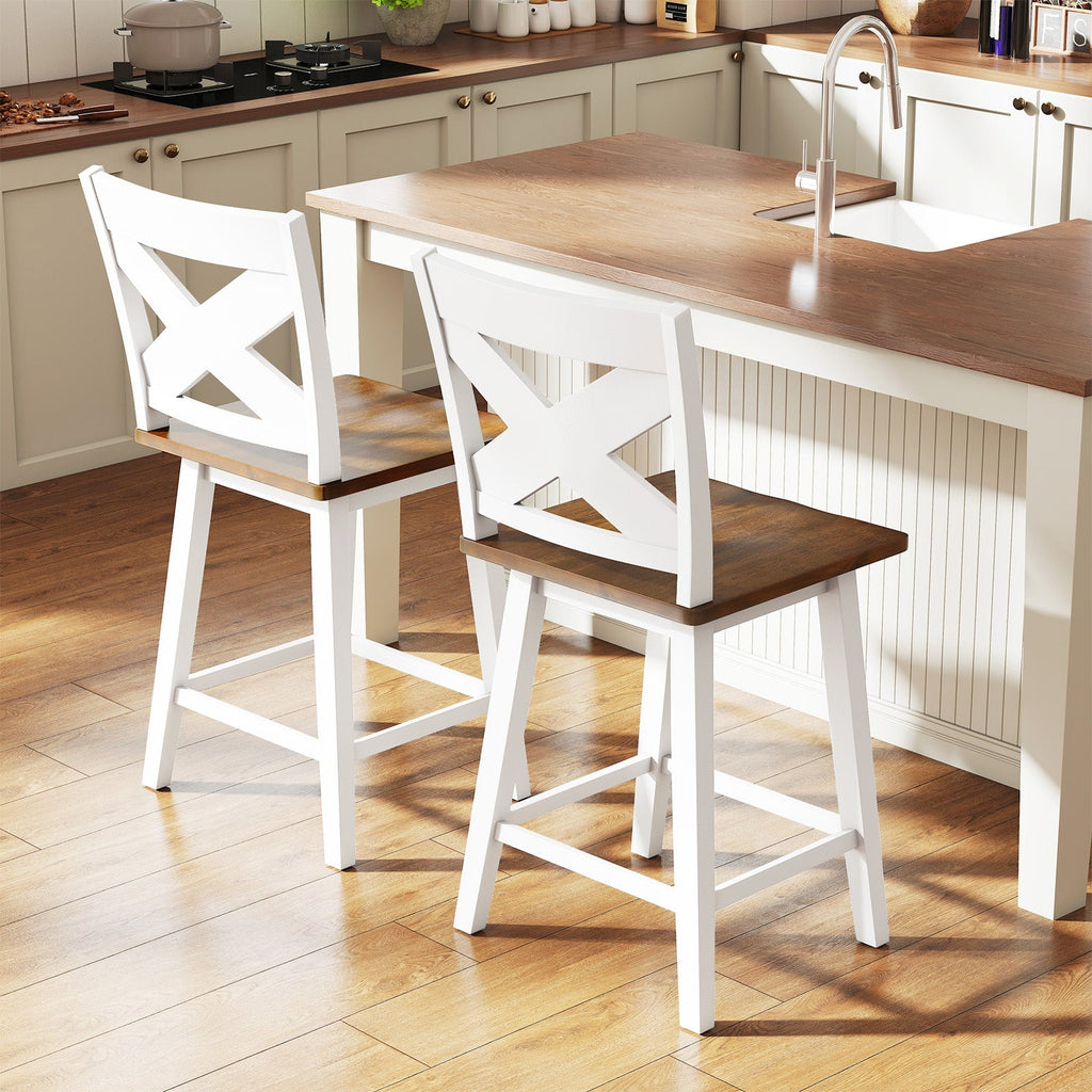 24" Rubberwood Swivel Barstools Set of 2 with Backrest and Large Seat