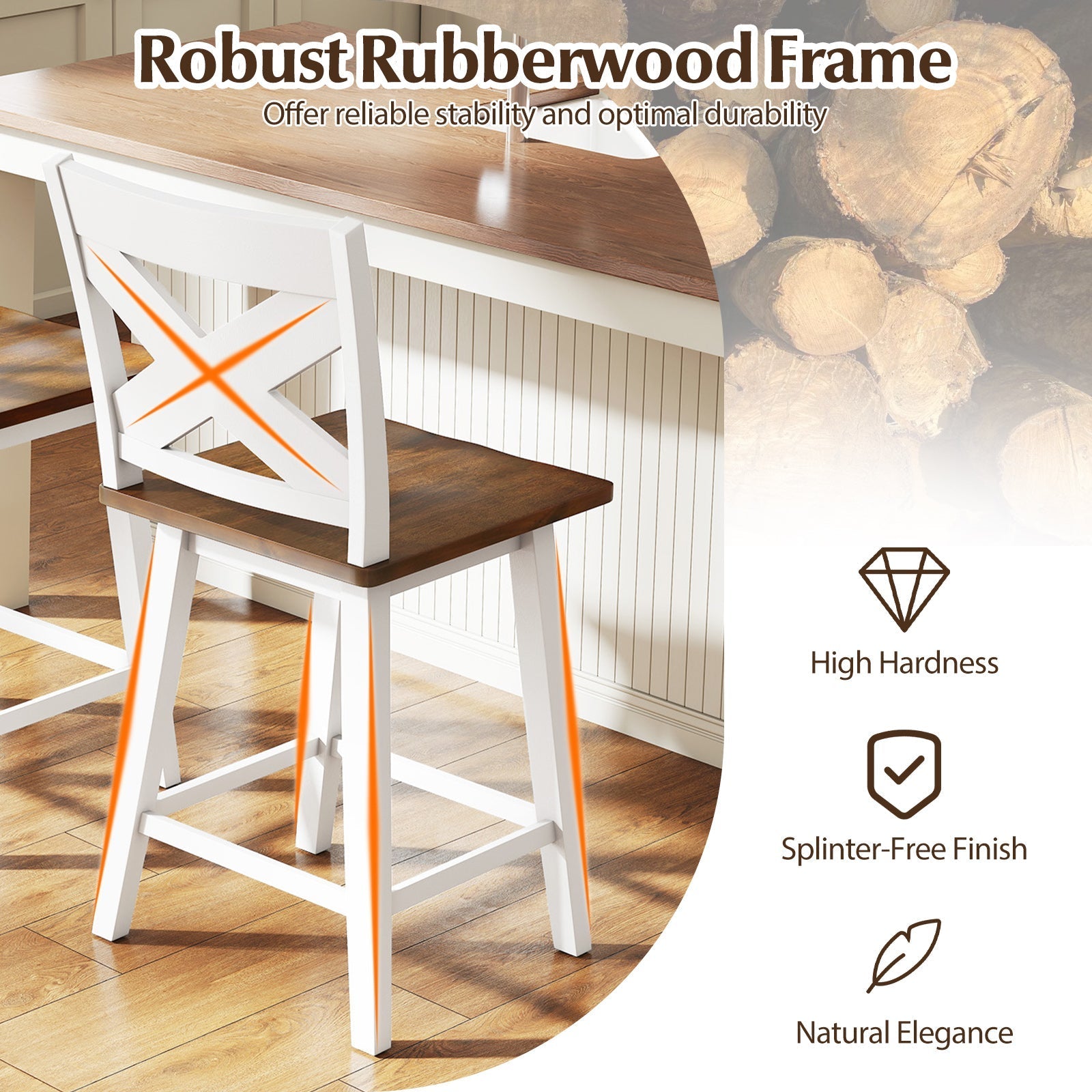 24" Rubberwood Swivel Barstools Set of 2 with Backrest and Large Seat