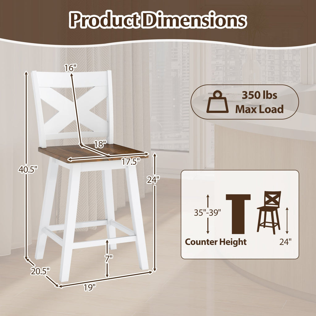 24" Rubberwood Swivel Barstools Set of 2 with Backrest and Large Seat