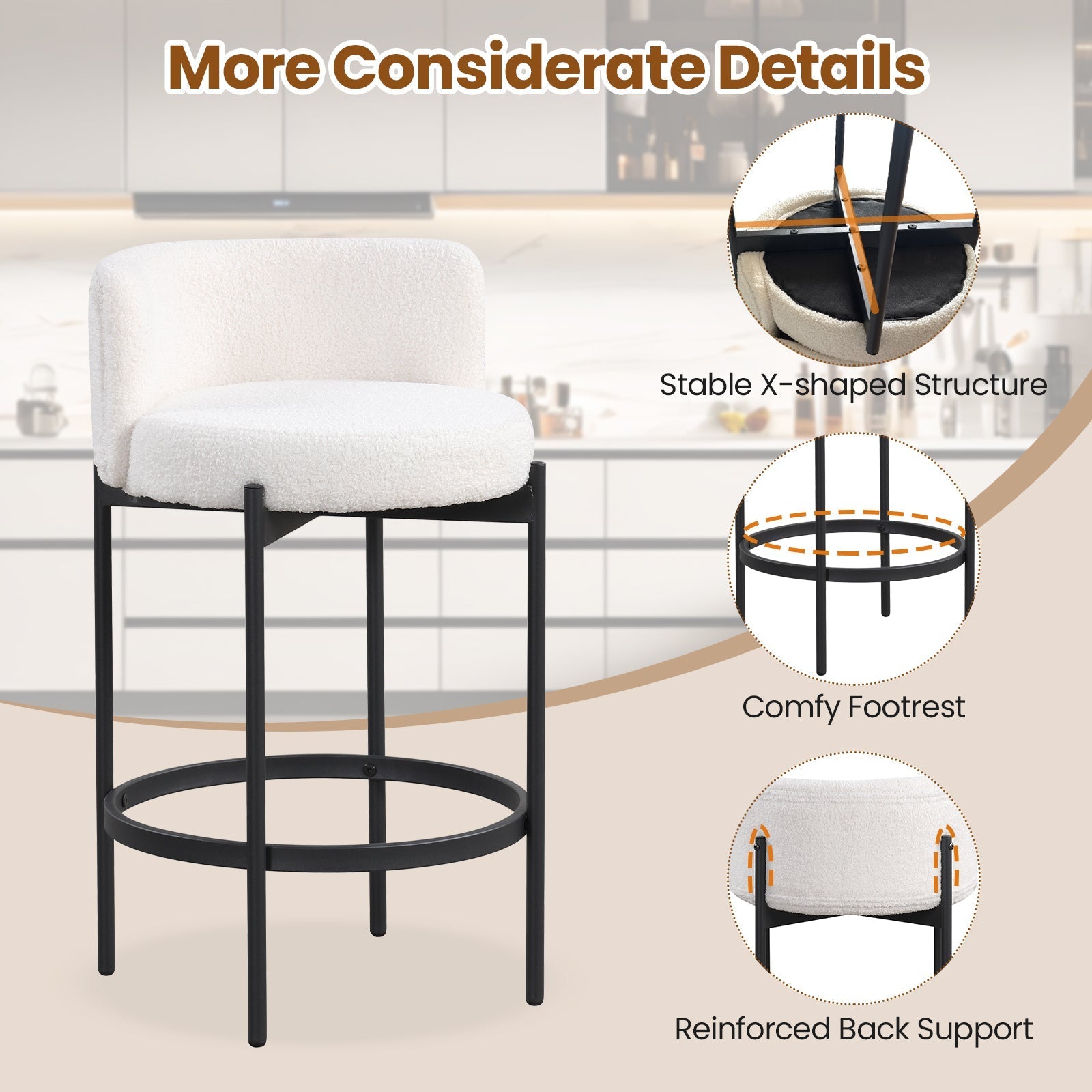 24 Inch Boucle Counter Stools Set of 2 with Curved Backrest
