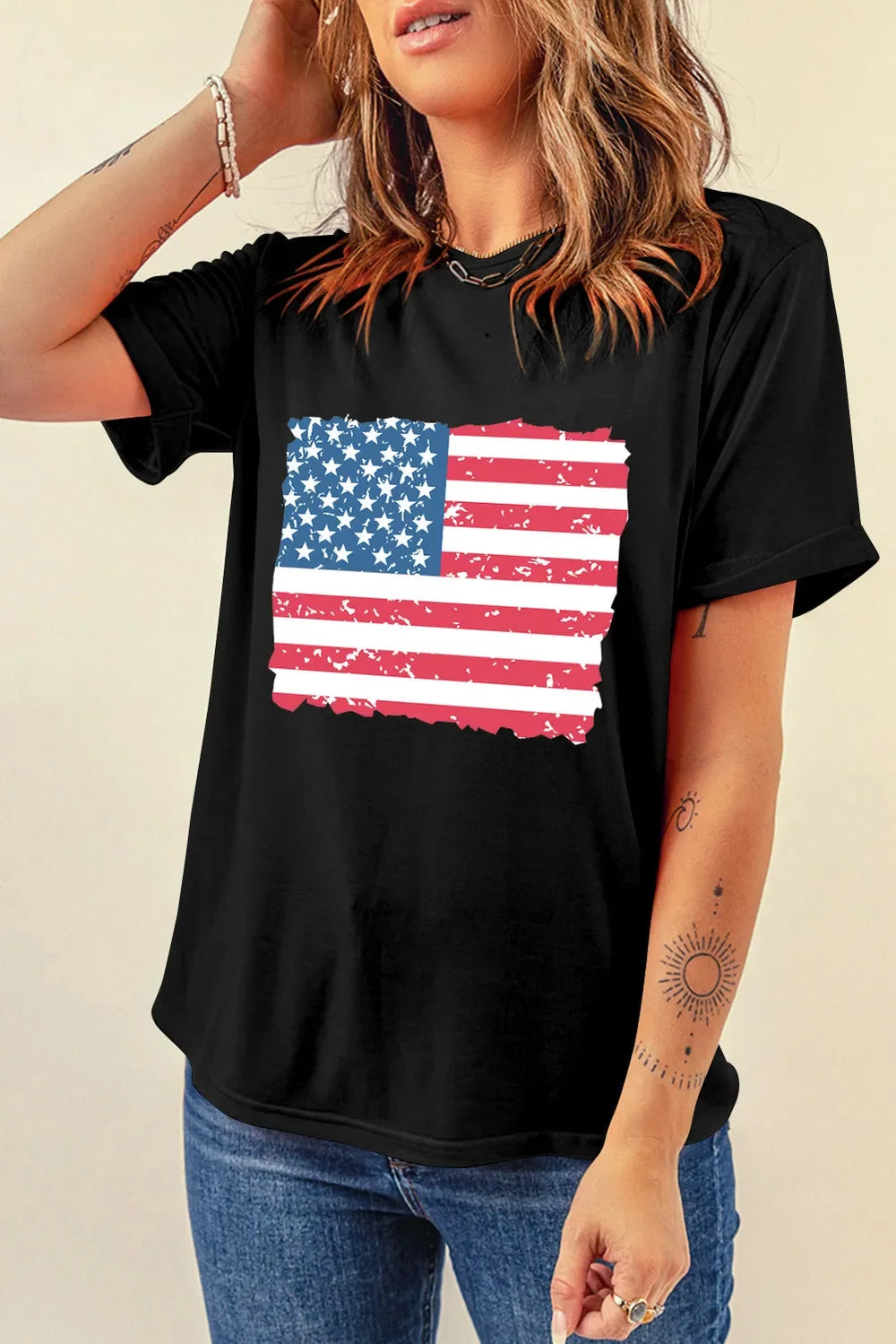 Poly Cotton US Flag Graphic Round Neck T-Shirt