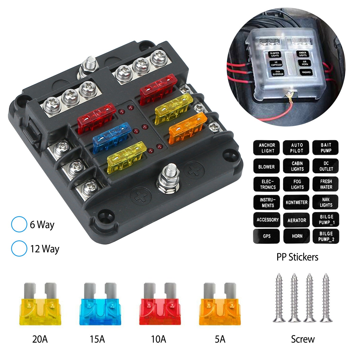 6-Way Fuse Box Holder with LED Indicator