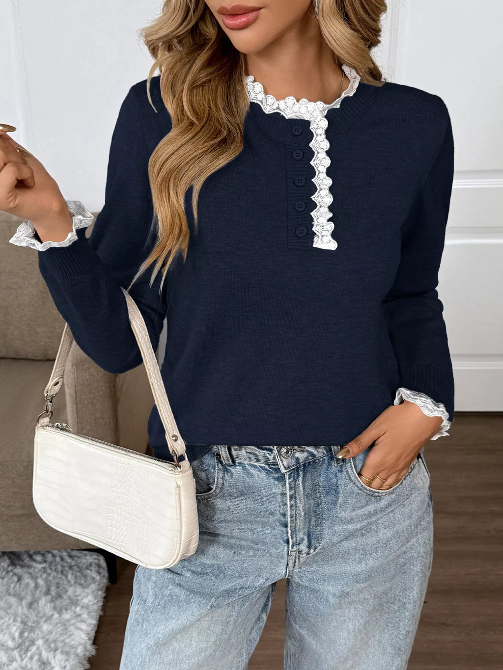 Lace Trim Button Detail Sweater