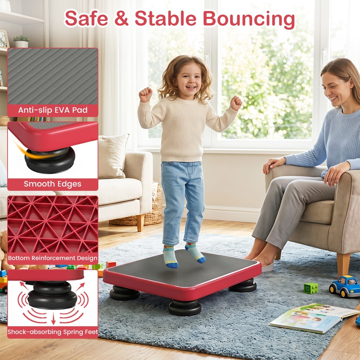 Kids Rebounder Bouncing Board 24x20" with Elastic Ropes