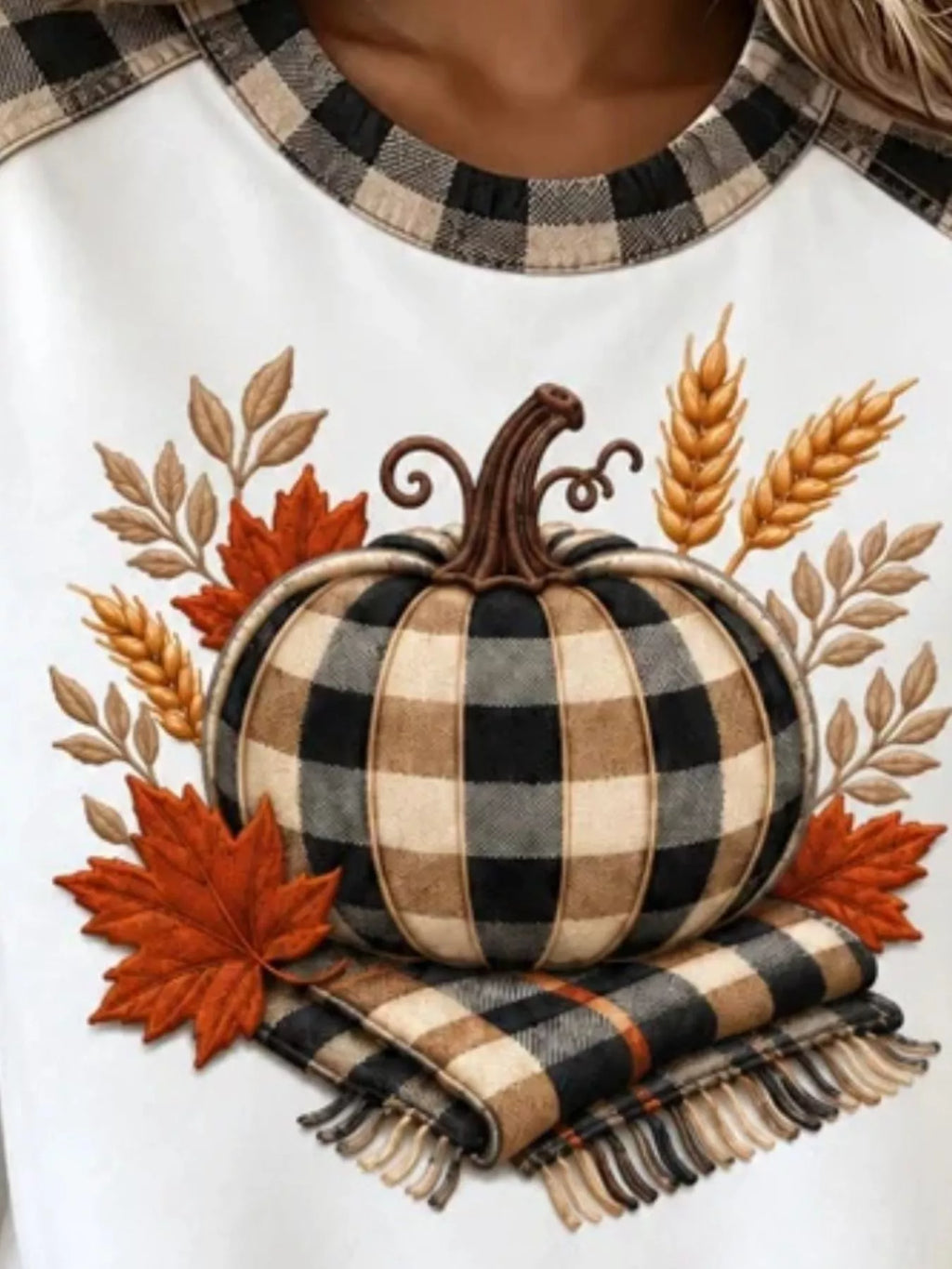 Full Size Pumpkin Plaid Patchwork Long Sleeve Sweatshirt Plus Size