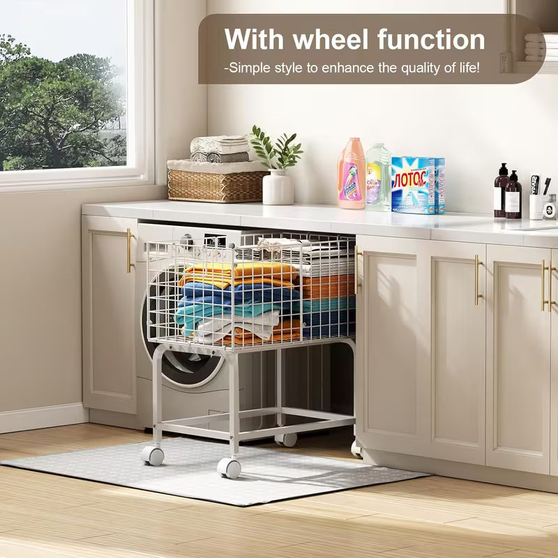 Wire Laundry Hamper Trolley Cart with Pull Handle