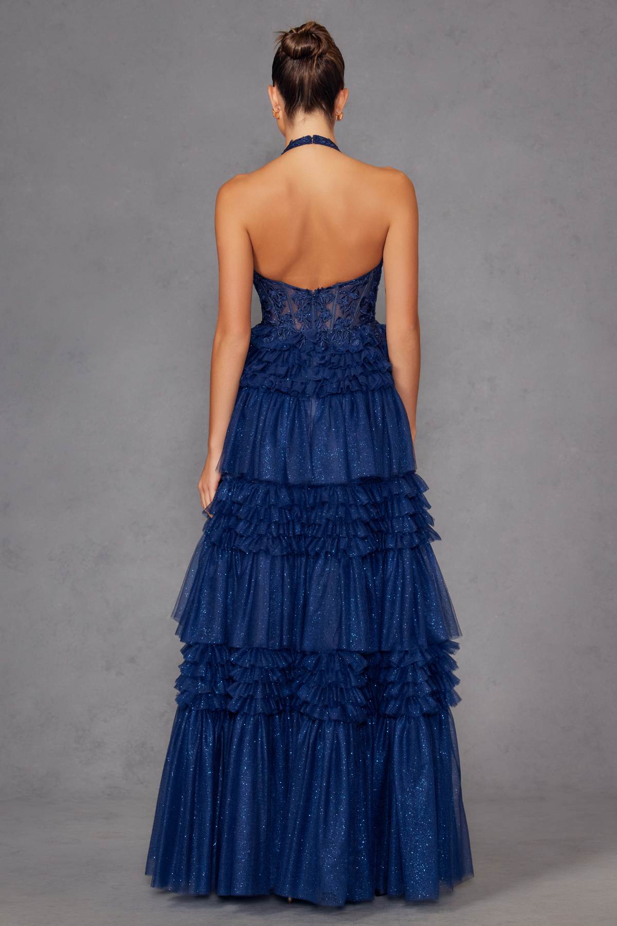 Juliet JT2556S Halter V-Neckline Layered Tulle Slit A-Line Gown