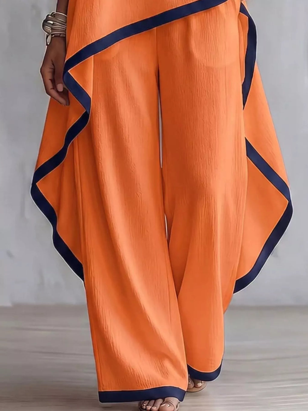 Full Size Contrast Trim High-Low Top and Pants Set Plus Size