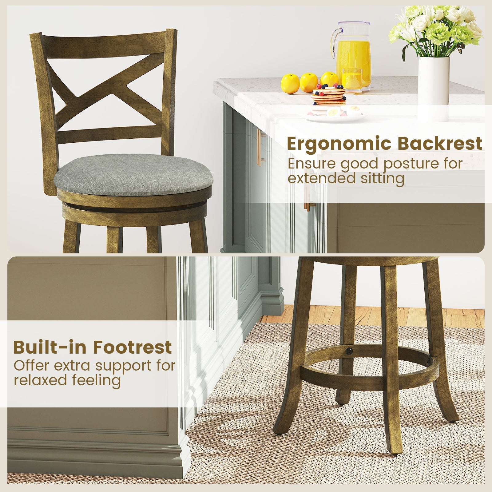 25/30 Inch Swivel Bar Stools Set of 2 with Backrests and Wood Frame