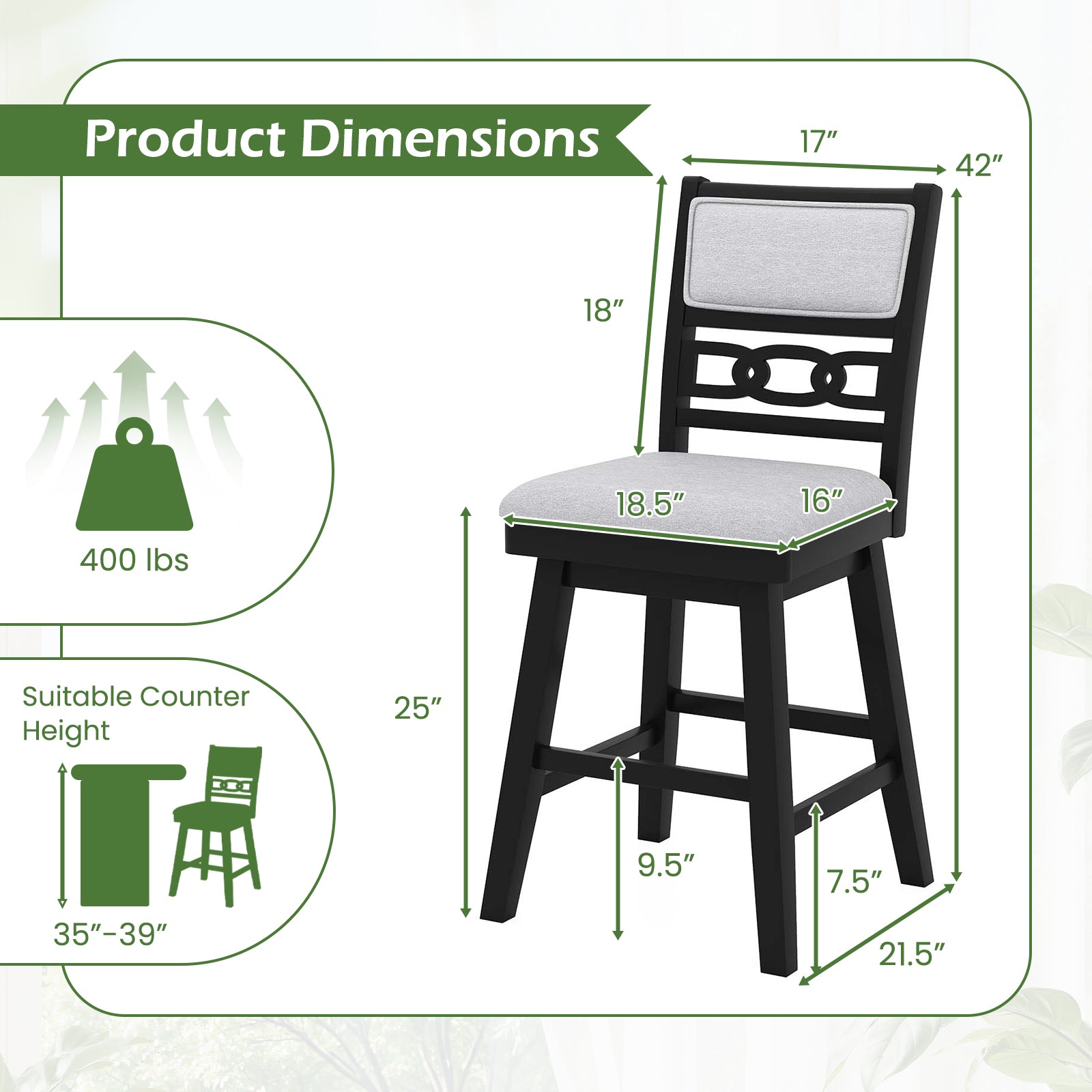 25 Inch Bar Stools Set of 2 with Upholstered Backrest and 360¬∞ Rotation Seat-Black