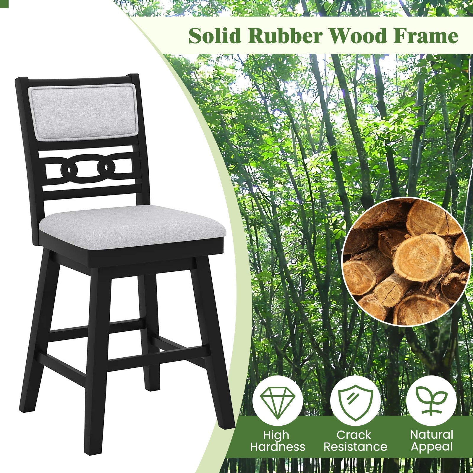 25 Inch Bar Stools Set of 2 with Upholstered Backrest and 360¬∞ Rotation Seat-Black