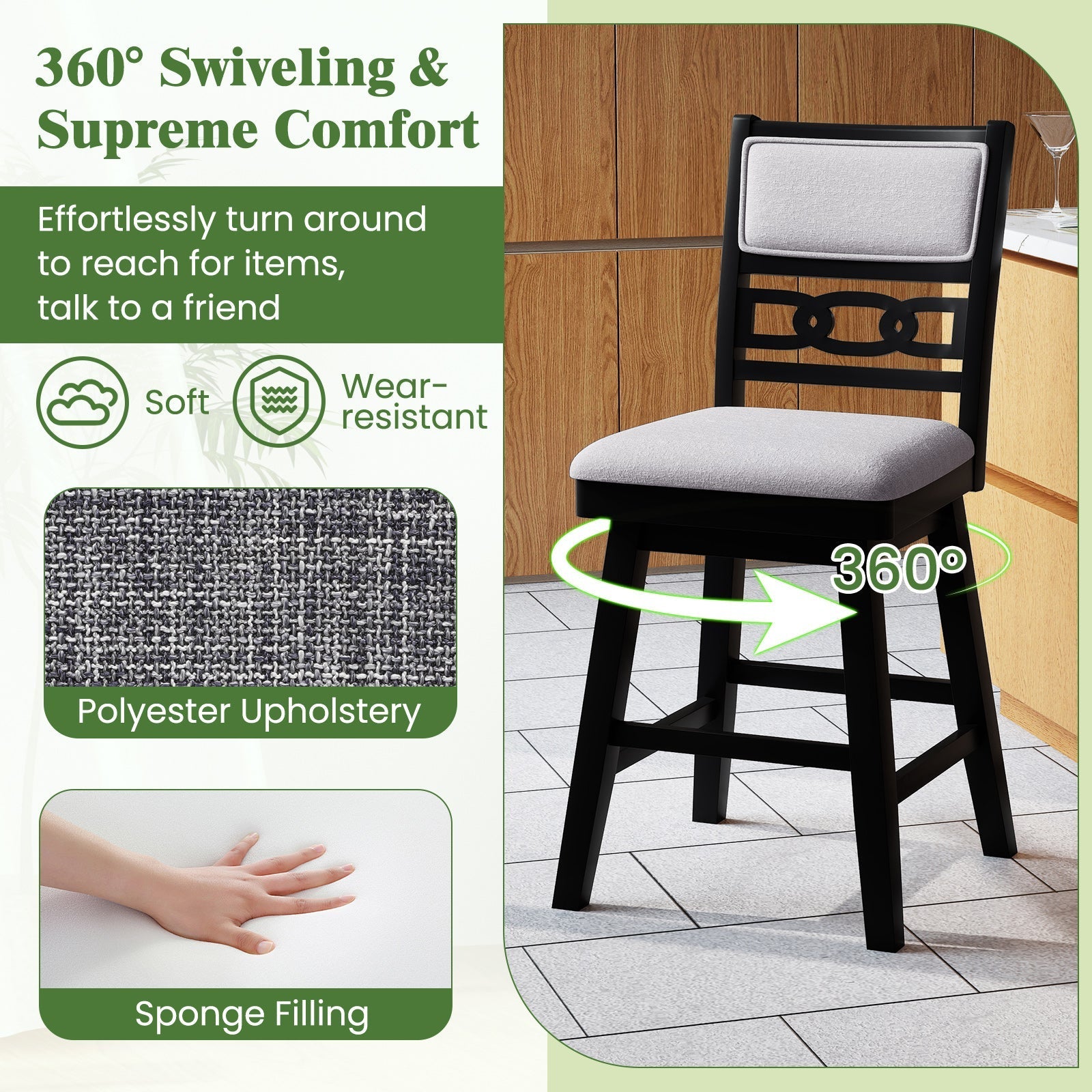 25 Inch Bar Stools Set of 2 with Upholstered Backrest and 360¬∞ Rotation Seat-Black