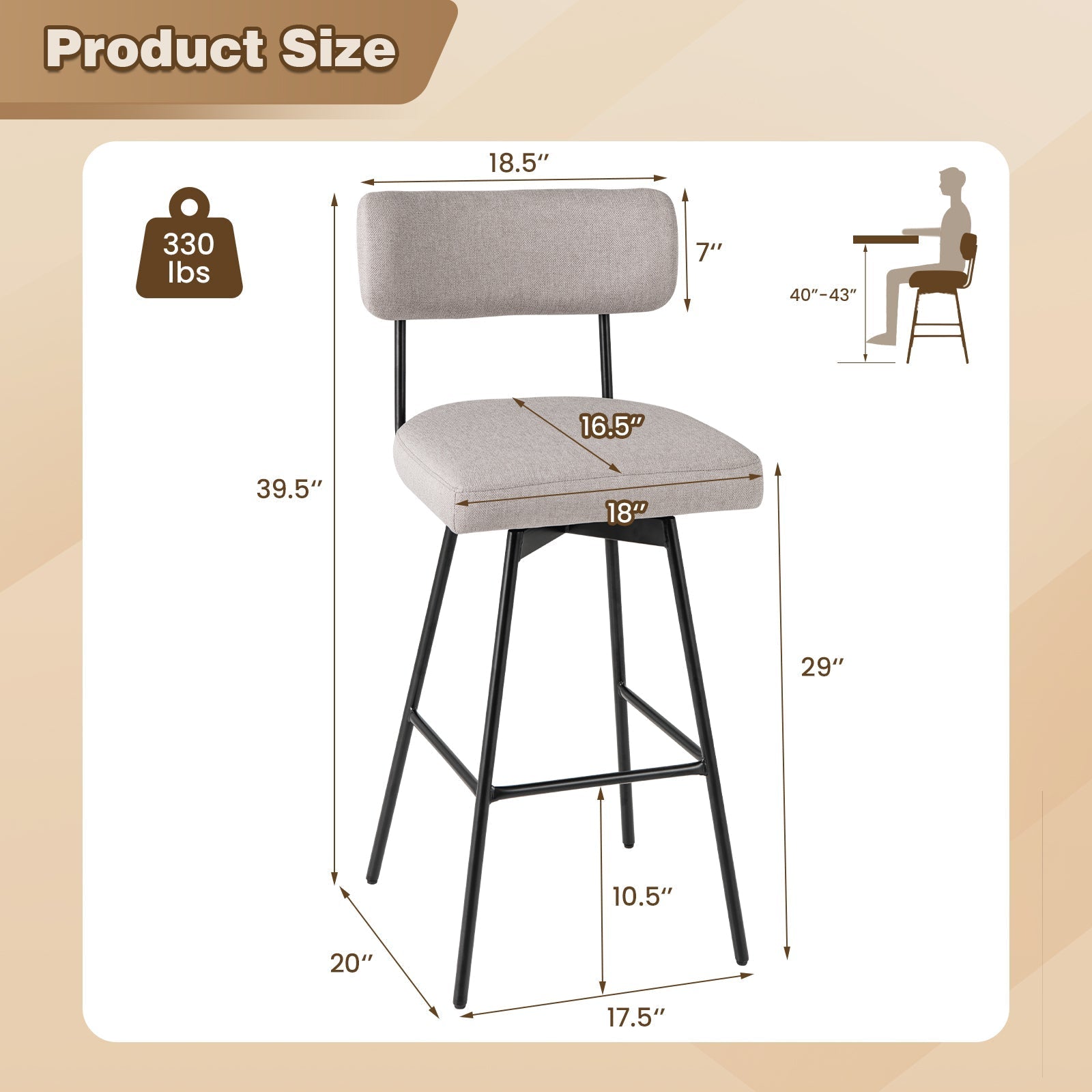29 Inch Counter Height Upholstered Swivel Bar Stool Set of 2