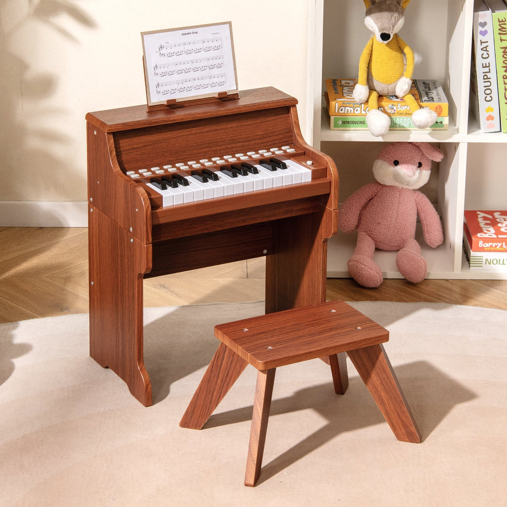 25 Keys Kids Piano Keyboard with Stool Mini Digital Piano Wooden Toy with Adjustable Speed and Volume