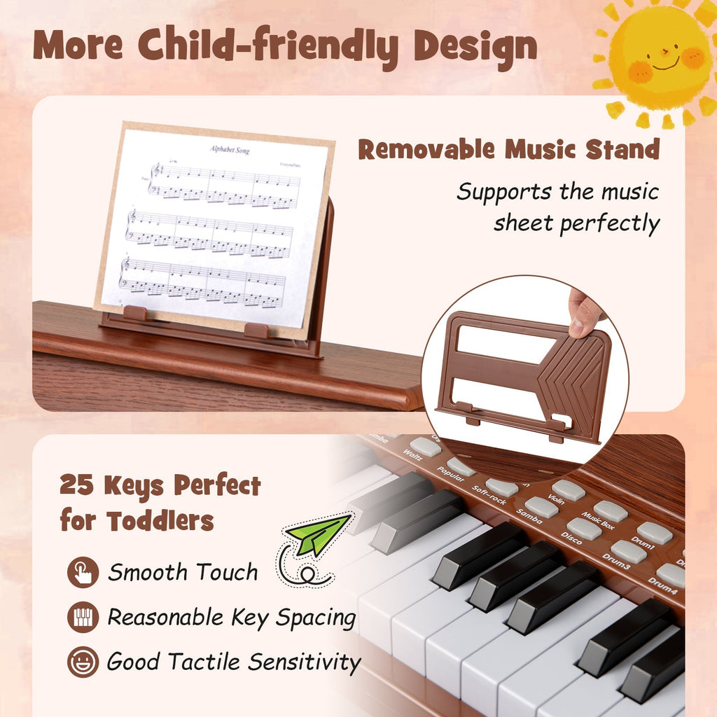 25 Keys Kids Piano Keyboard with Stool Mini Digital Piano Wooden Toy with Adjustable Speed and Volume