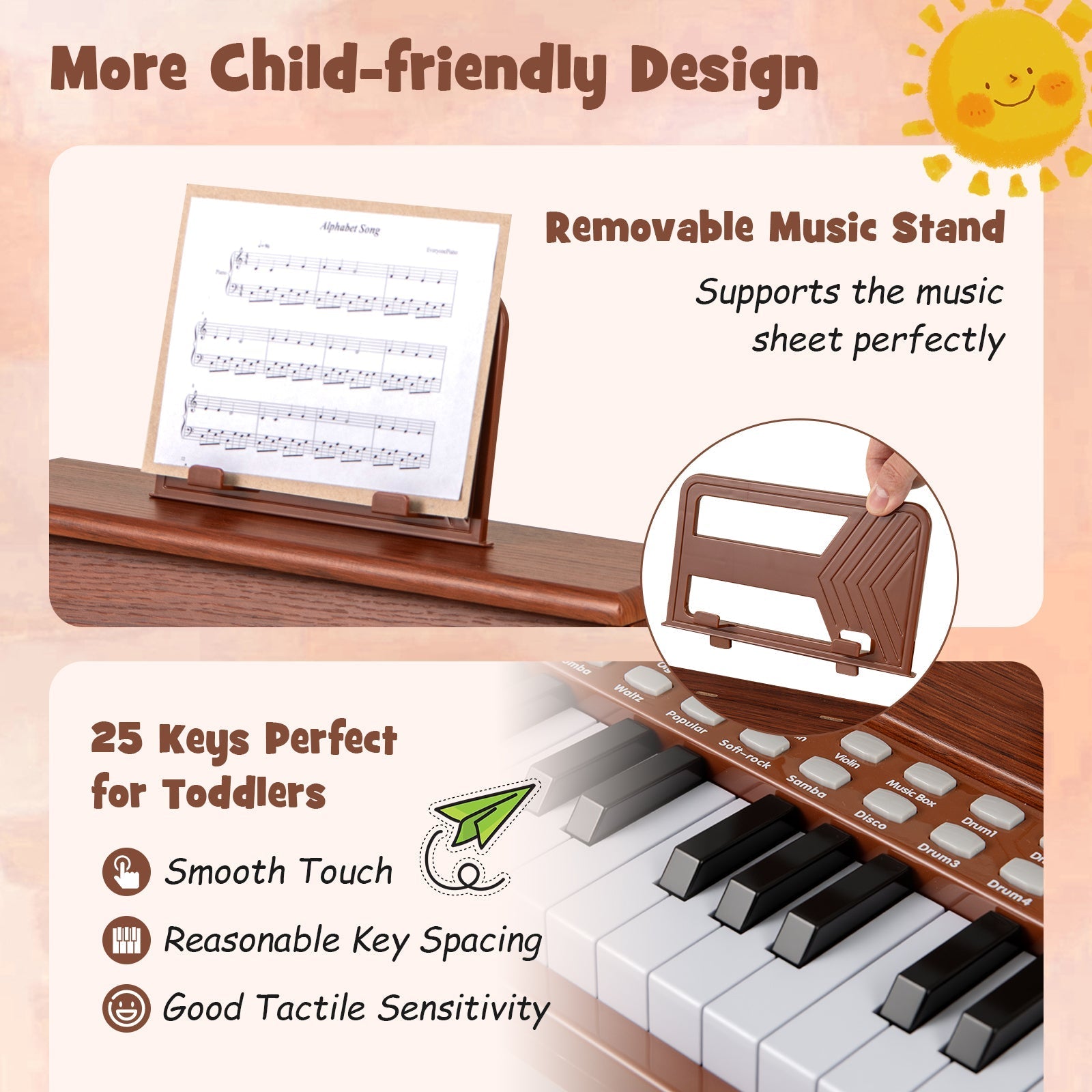 25 Keys Kids Piano Keyboard with Stool Mini Digital Piano Wooden Toy with Adjustable Speed and Volume