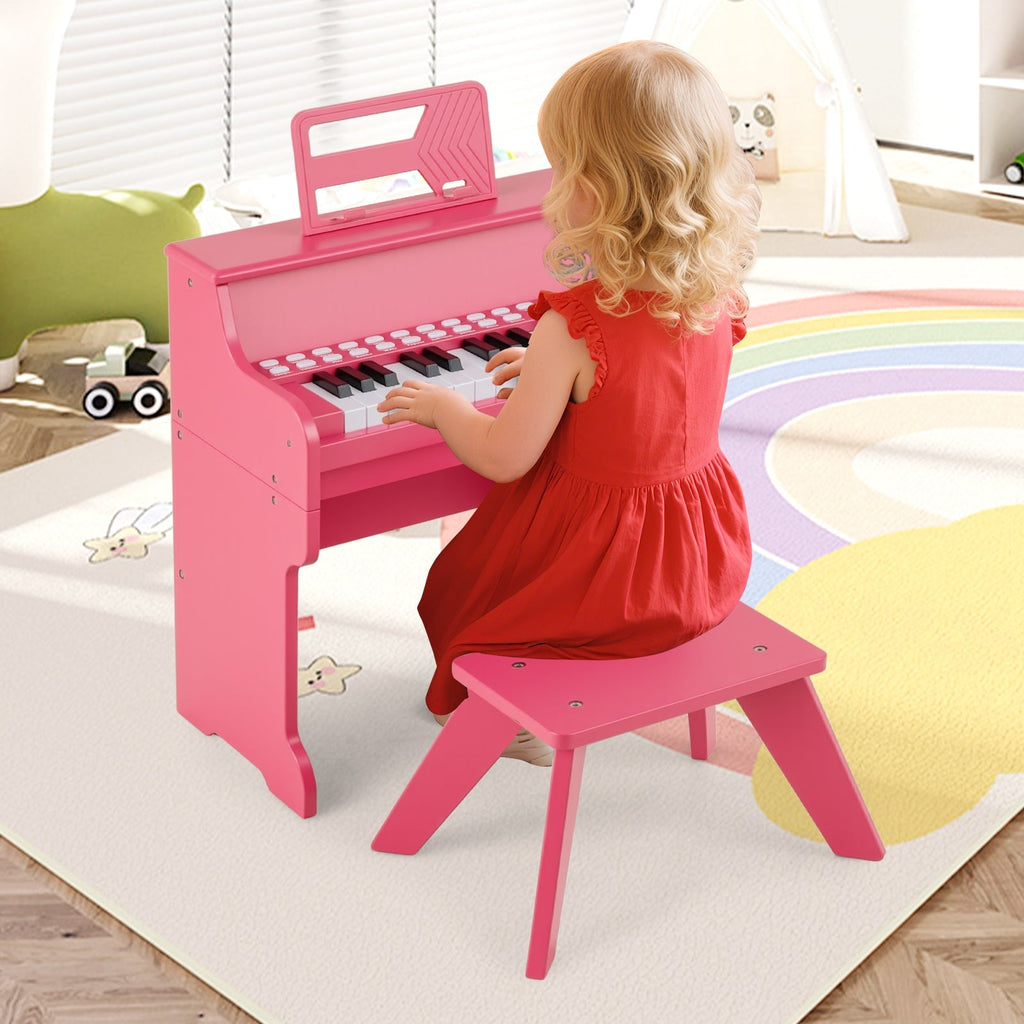 25 Keys Kids Piano Keyboard with Stool Mini Digital Piano Wooden Toy with Adjustable Speed and Volume