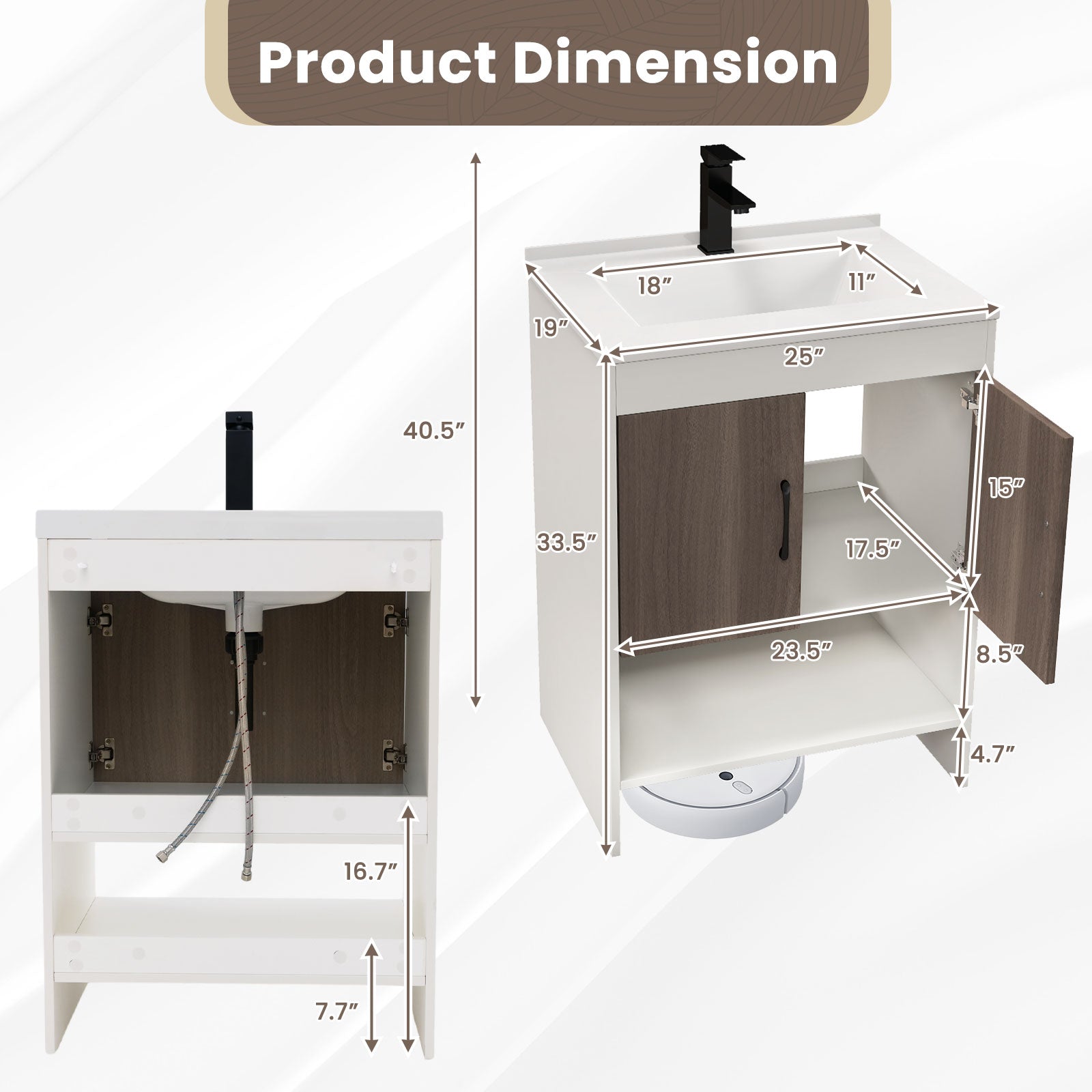 25 Inch Bathroom Vanity Sink Combo Cabinet with Doors and Open Shelf-Gray