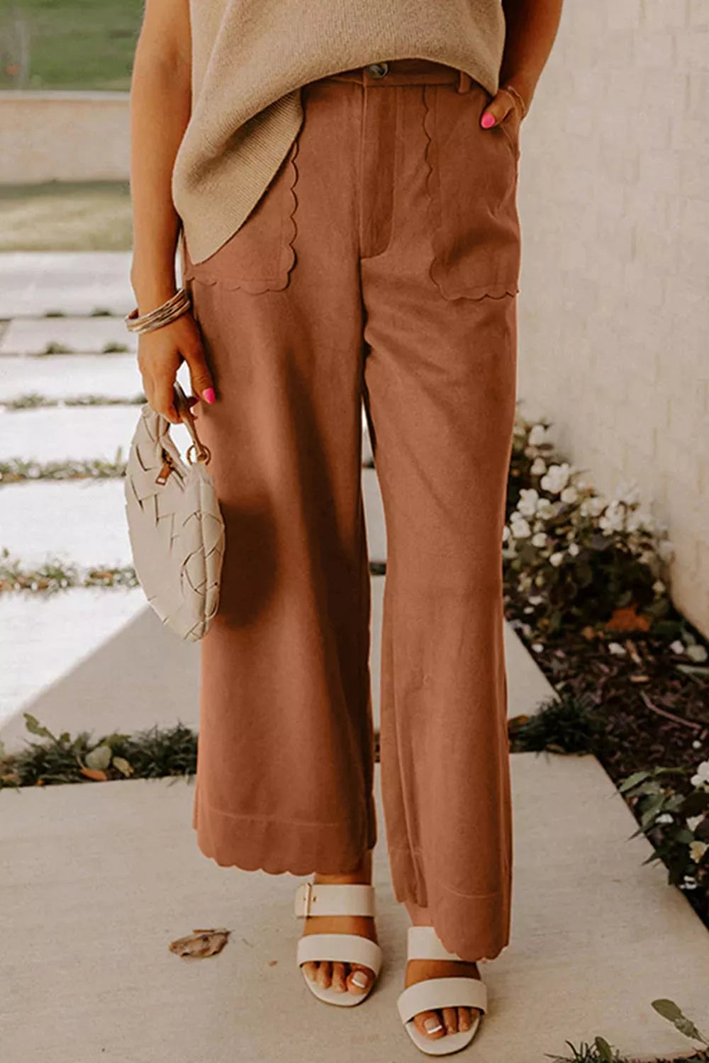 Scalloped Edge Pocket Full-Length Pants