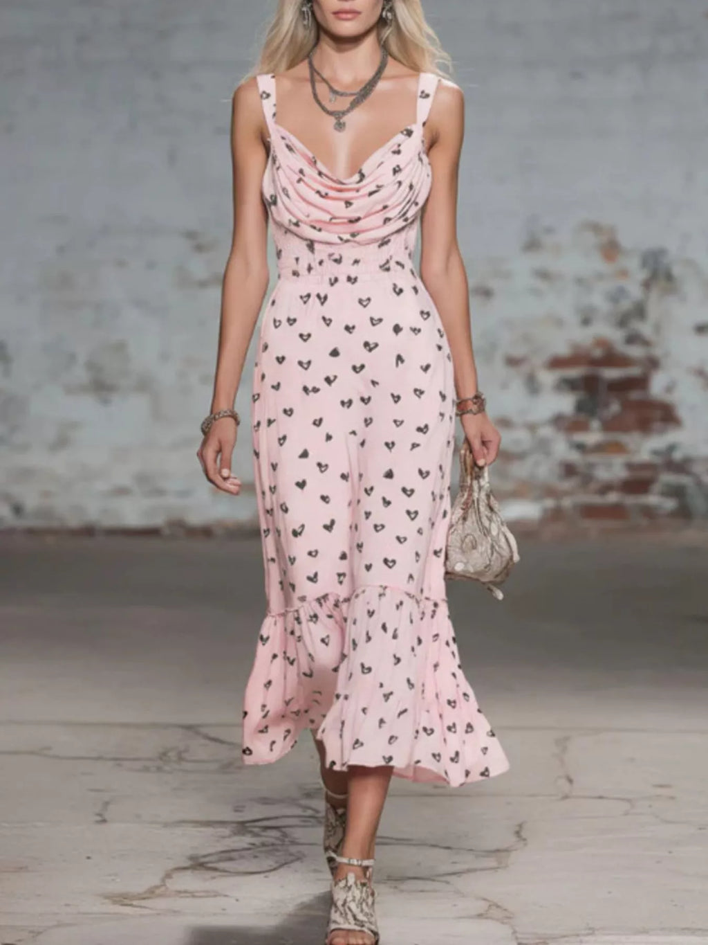 Heart-Print Cowl Neck Midi Dress