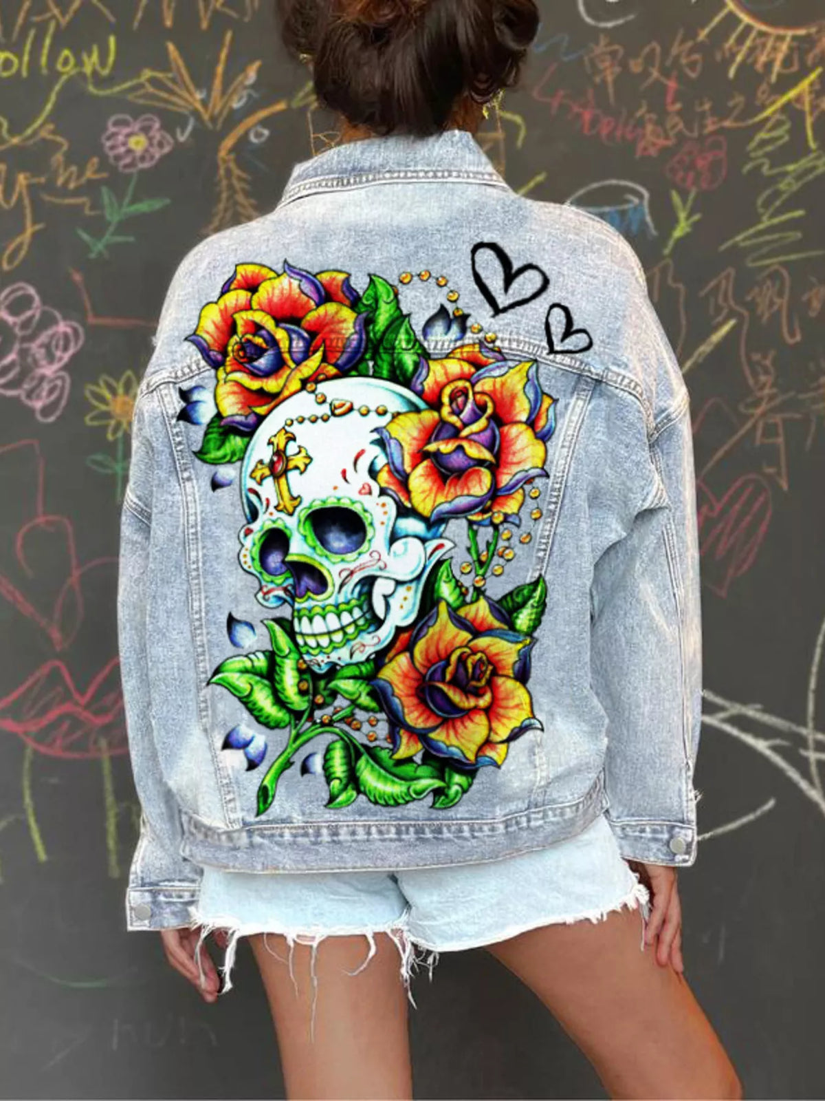 Full Size Skull Graphic Button Up Denim Jacket Plus Size