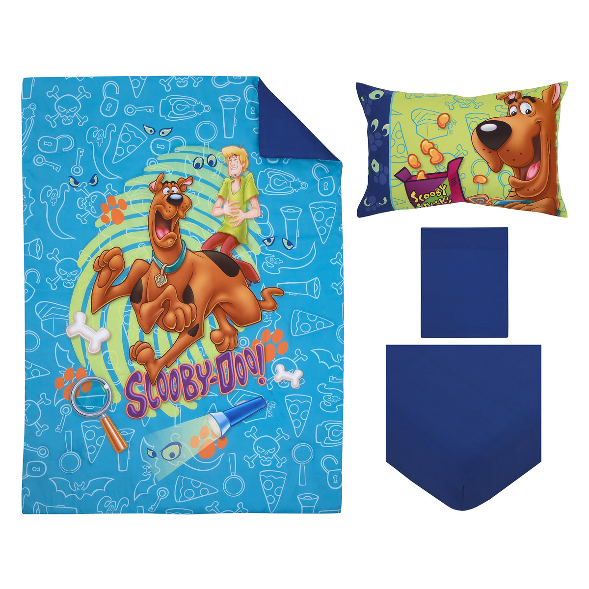 Warner Bros  Scooby Doo - Scooby Dooby Doo Blue, Green, Brown and Orange 4 Piece Toddler Bed Set - Comforter, Fitted Bottom Sheet, Flat Top Sheet, and Reversible Pillowcase