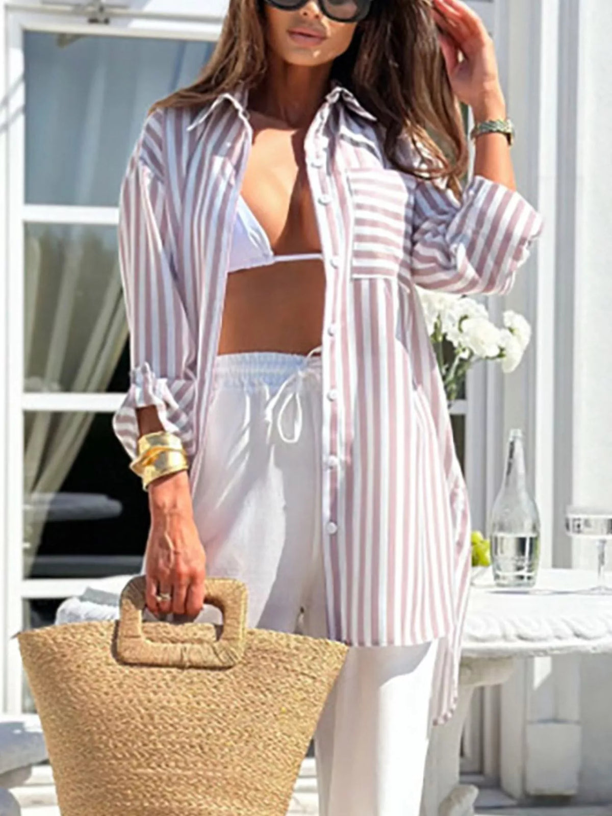 Printed Long Sleeve Tie Waist Oversized Shirt