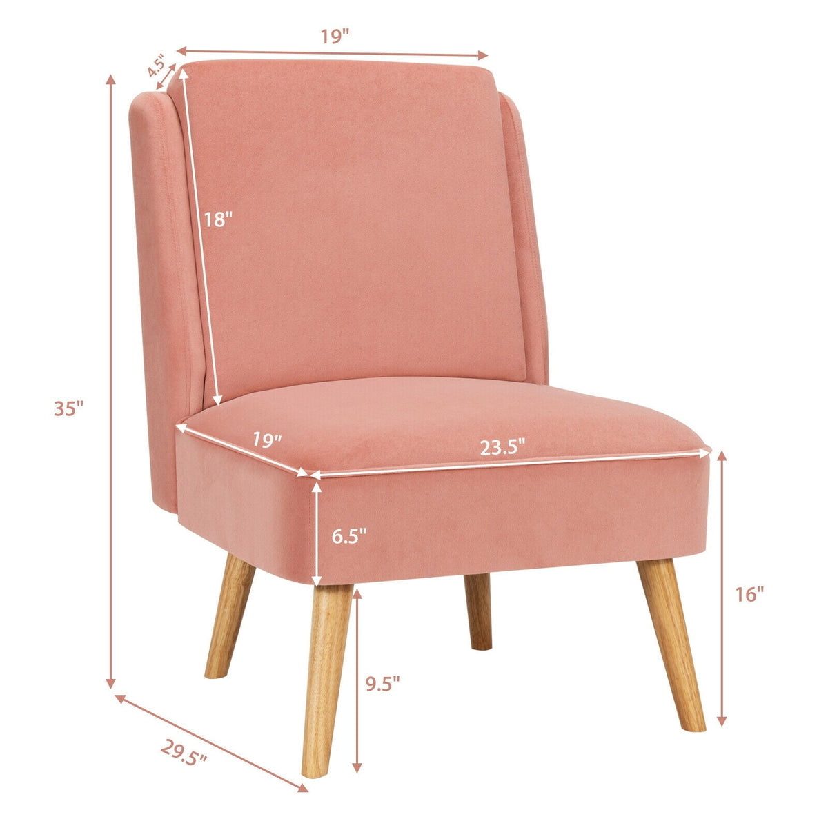 Velvet Accent Armless Side Chair with Rubber Wood Legs for Bedroom