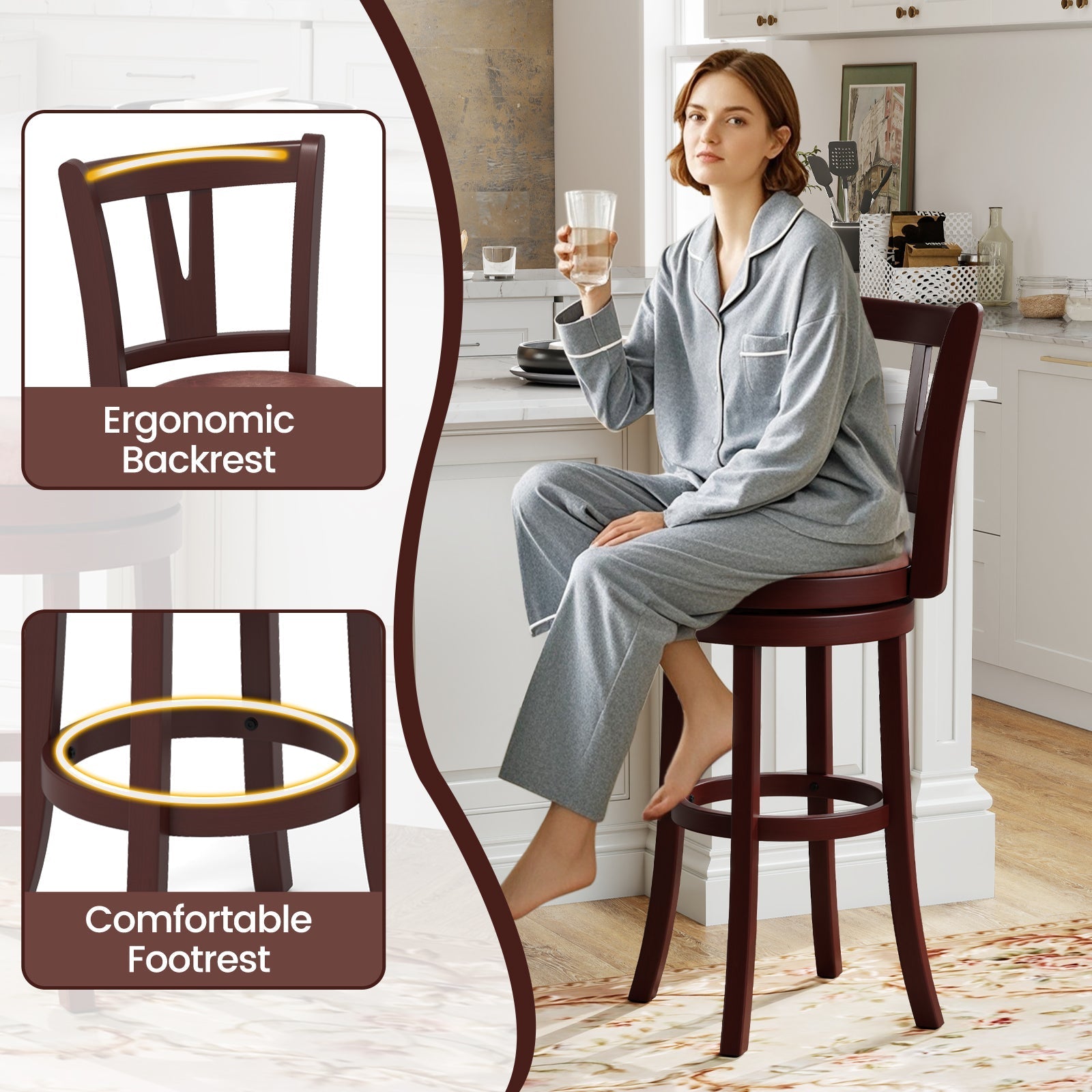Set of 2 Counter Height Swivel Barstools with High Backs and Footrests
