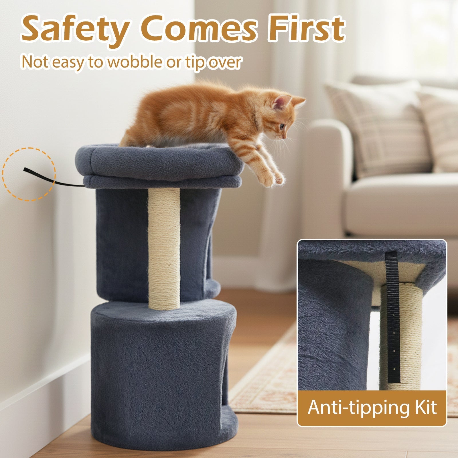 26 Inch Cat Tower with Large Padded Push Perch and Dual Condos
