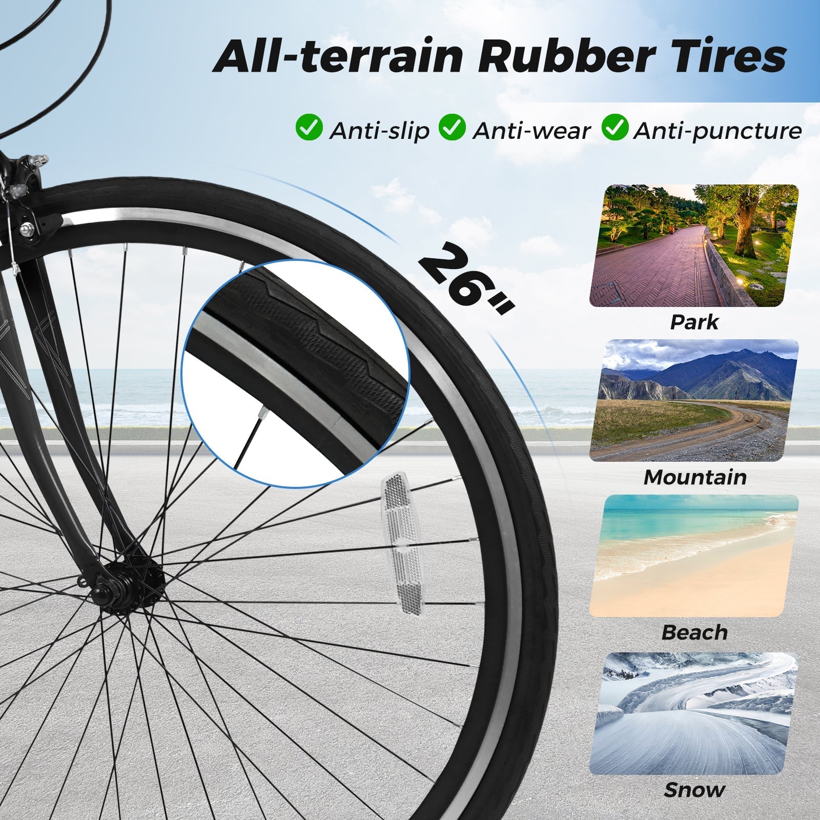 26 Inch Mountain Bike Adjustable with 6-Speed and All-terrain Rubber Wheels