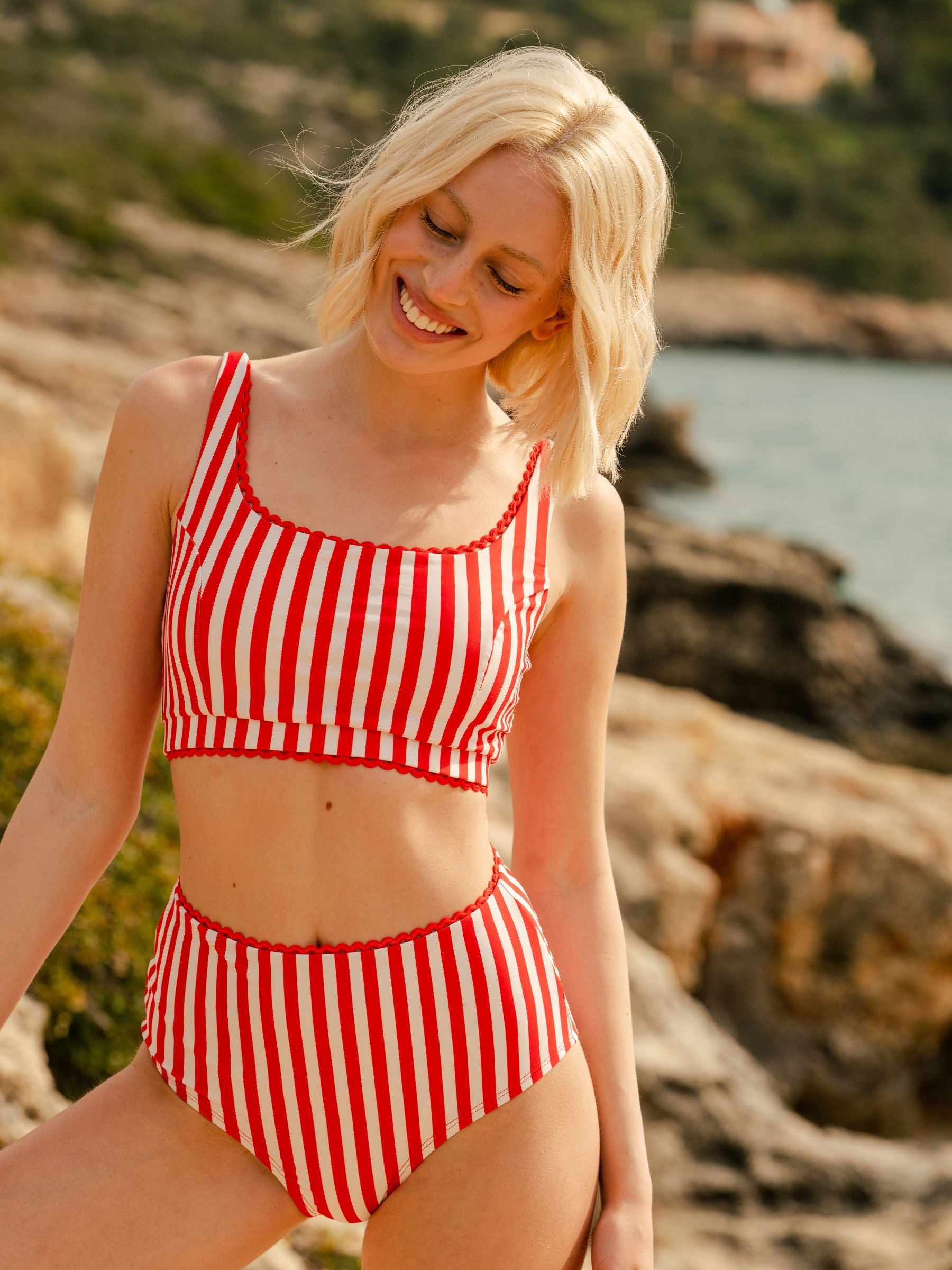 Vertical Red Stripe High-Waist Bottom