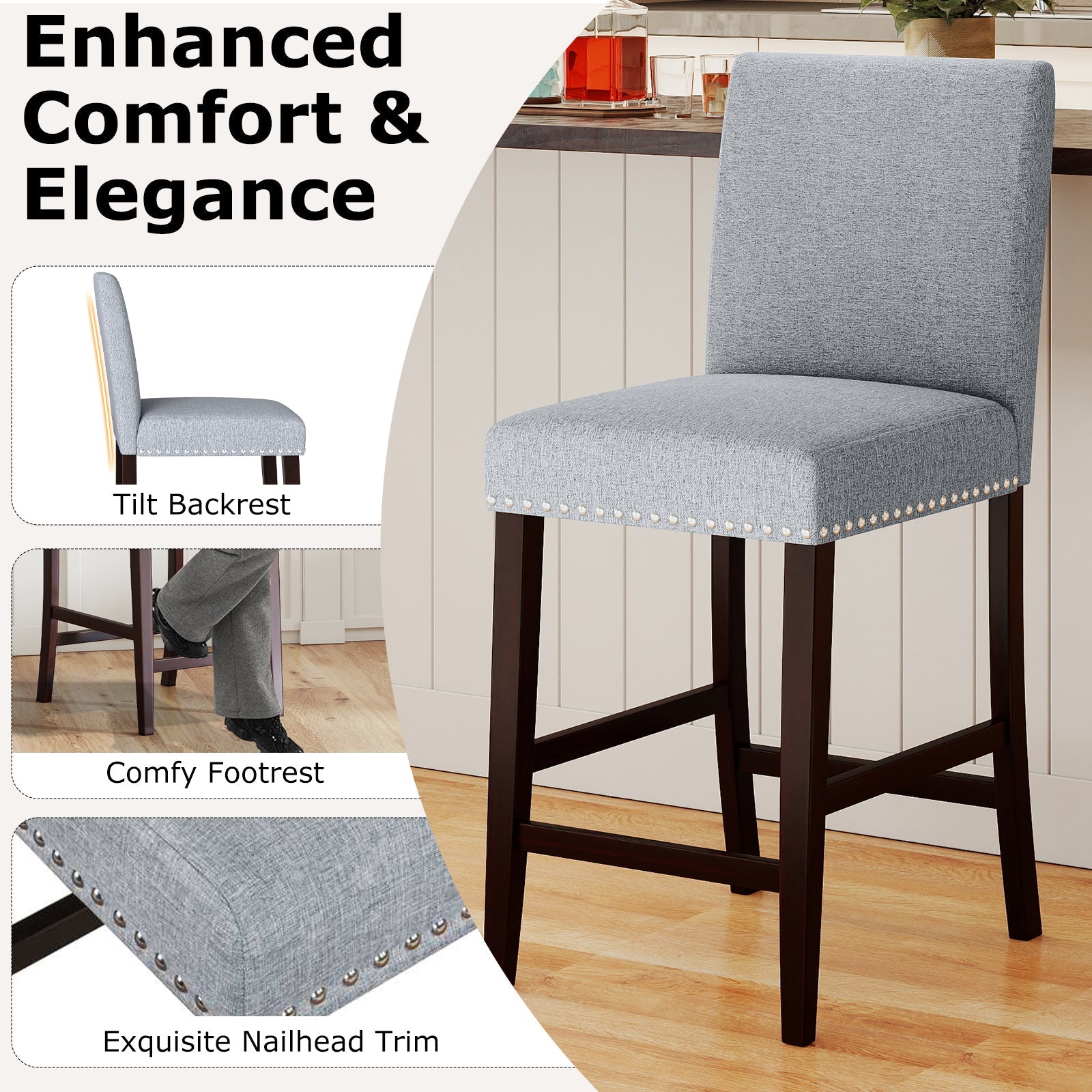 26 inch Counter Height Chairs Set of 2 with Padded Seat and Backrest-Gray