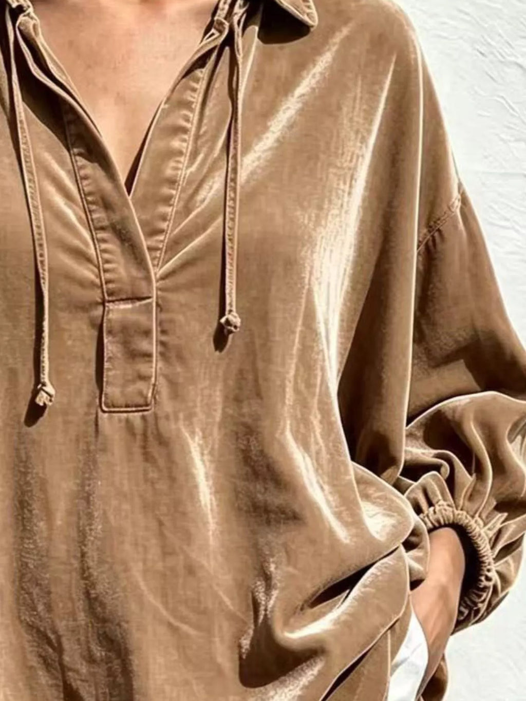Full Size Oversized Velvet Collared Neck Drawstring Blouse Plus Size
