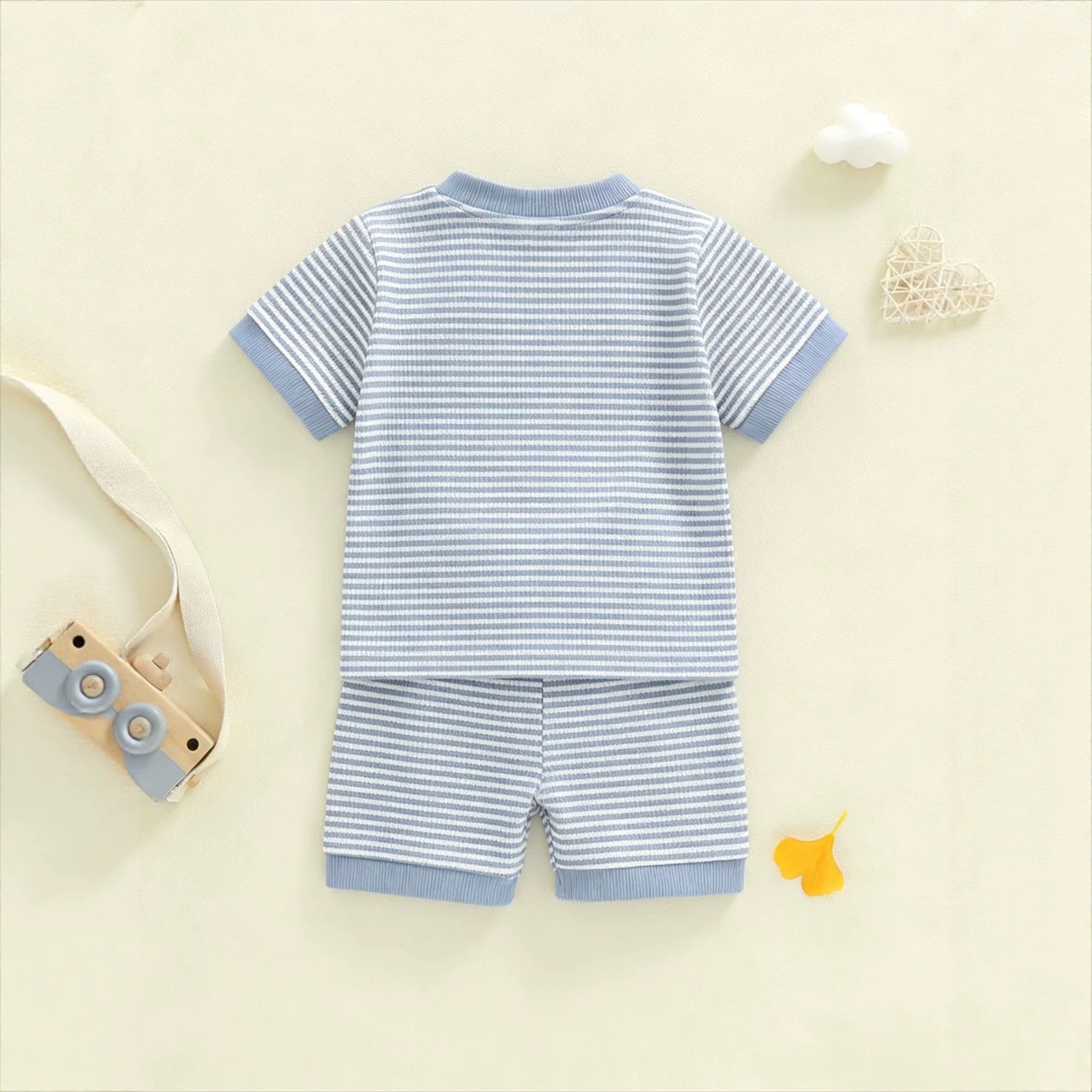 Casual Striped Waffle-knit Letter-embroidered Short-sleeve Top And Shorts