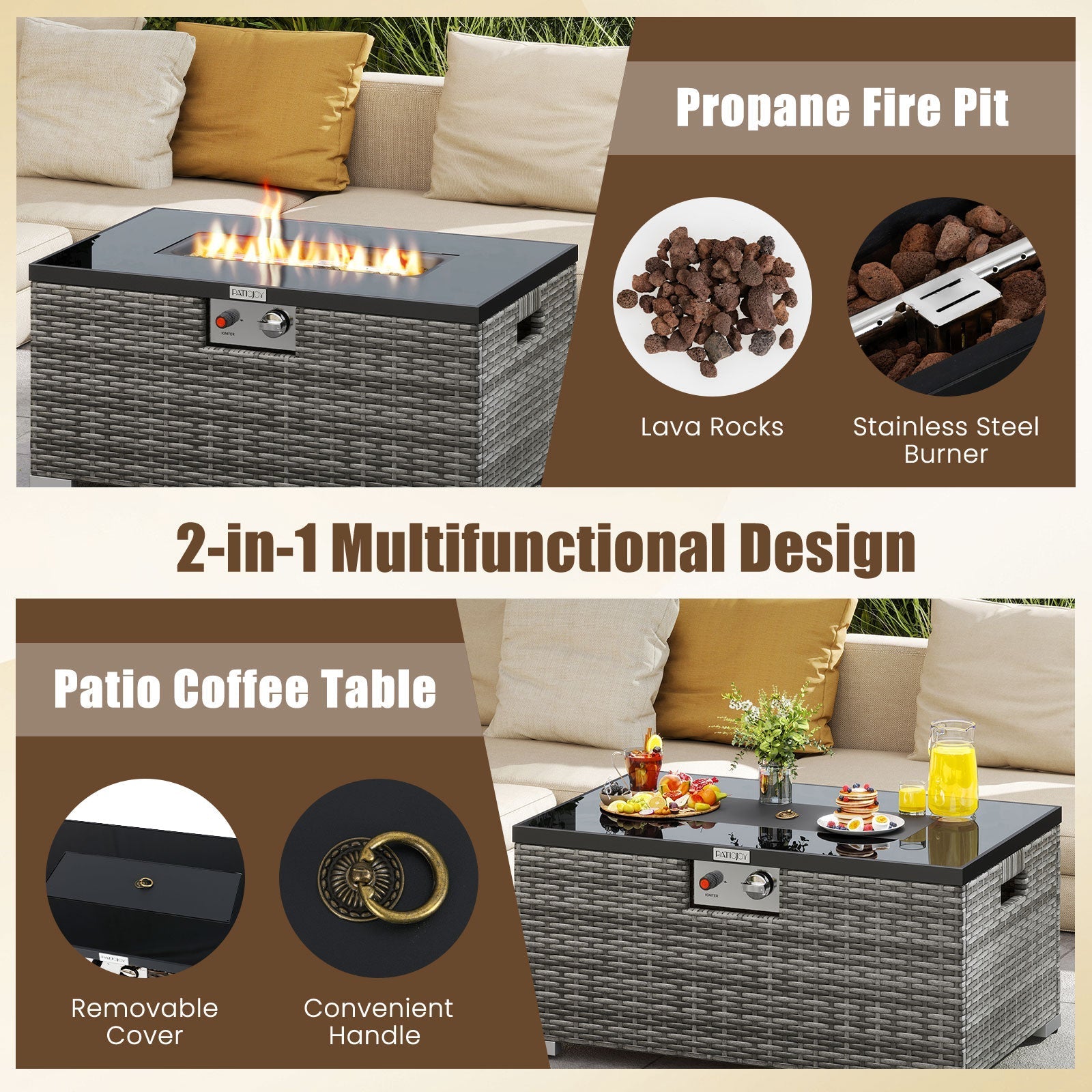 2-Piece Outdoor Rattan Fire Table Set 32 Inch Rectangle Gas Firepit with Tank Cover