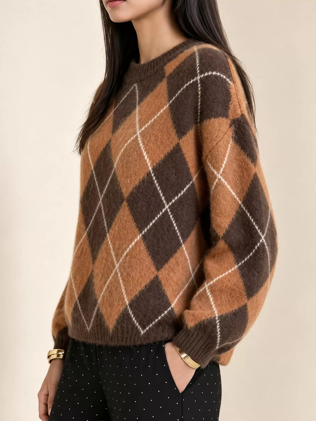 Argyle Pattern Fuzzy Knit Sweater