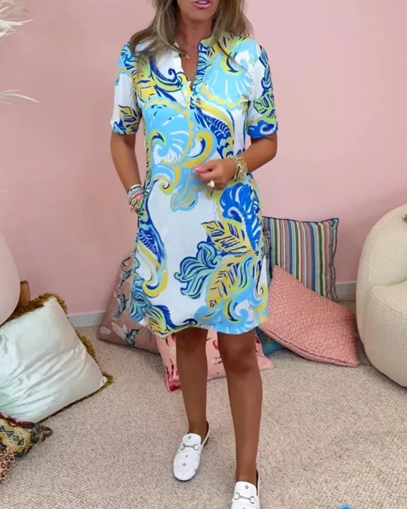 Full Size Vibrant Paisley Print Short Sleeve Shift Dress Plus Size