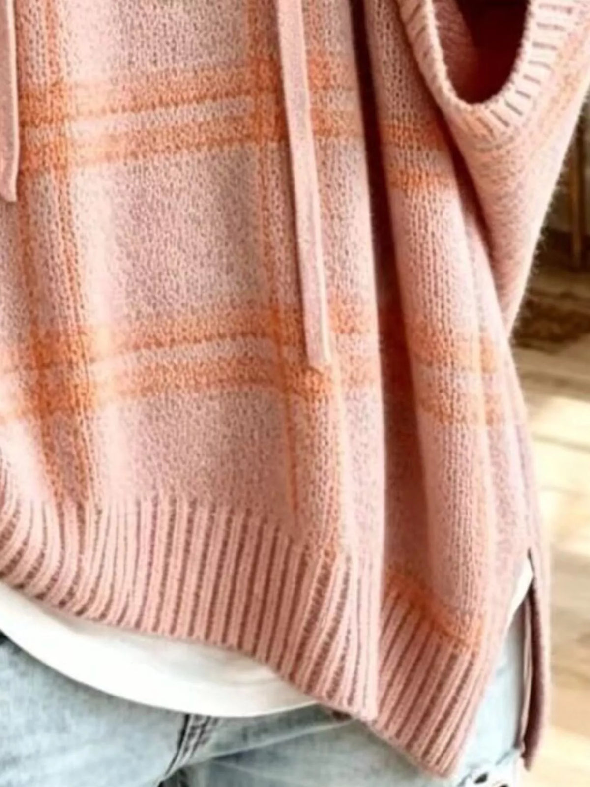 Full Size Drawstring Plaid Hooded Sweater Plus Size