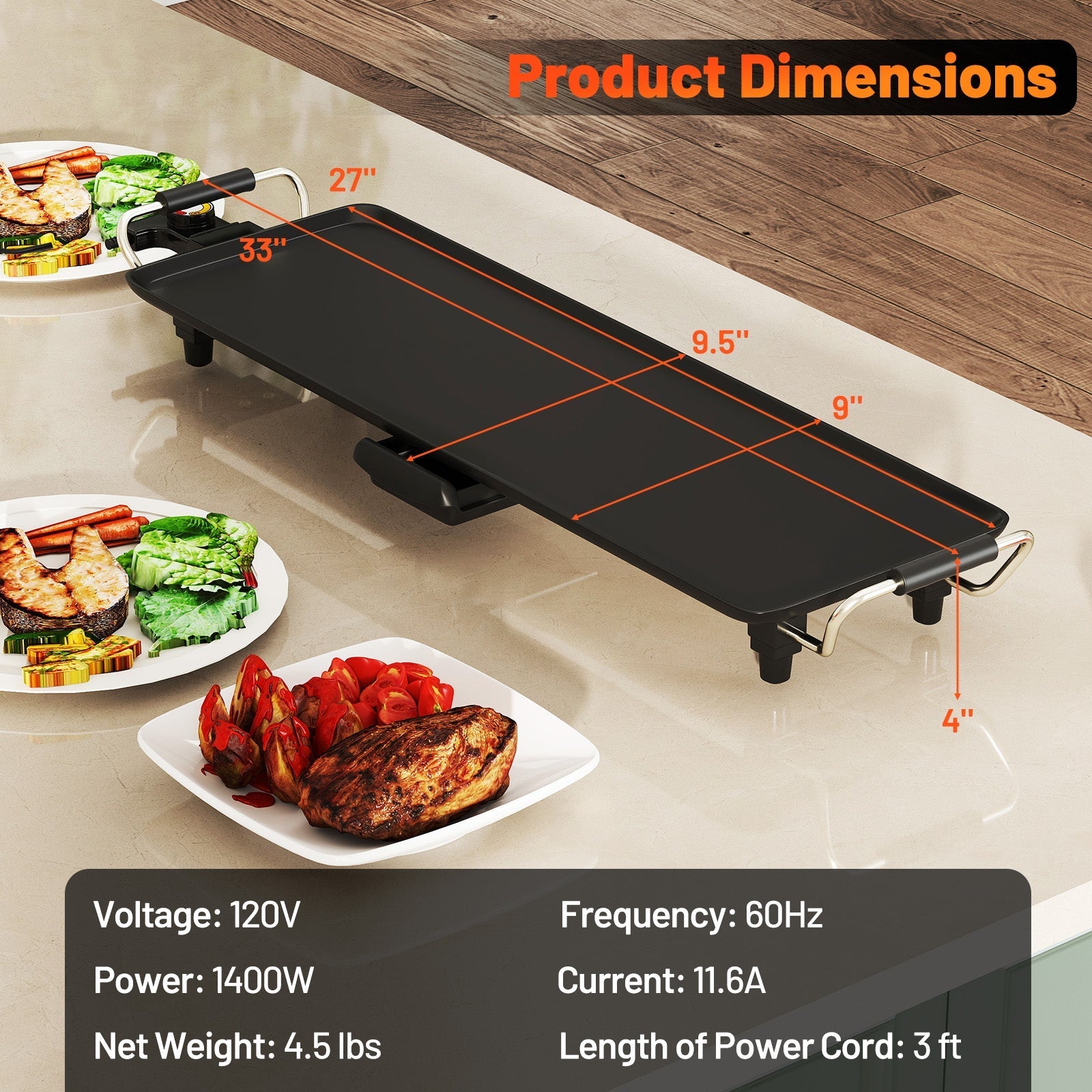 35 Inch Large Electric Griddle Nonstick BBQ Grill with Adjustable Temperature