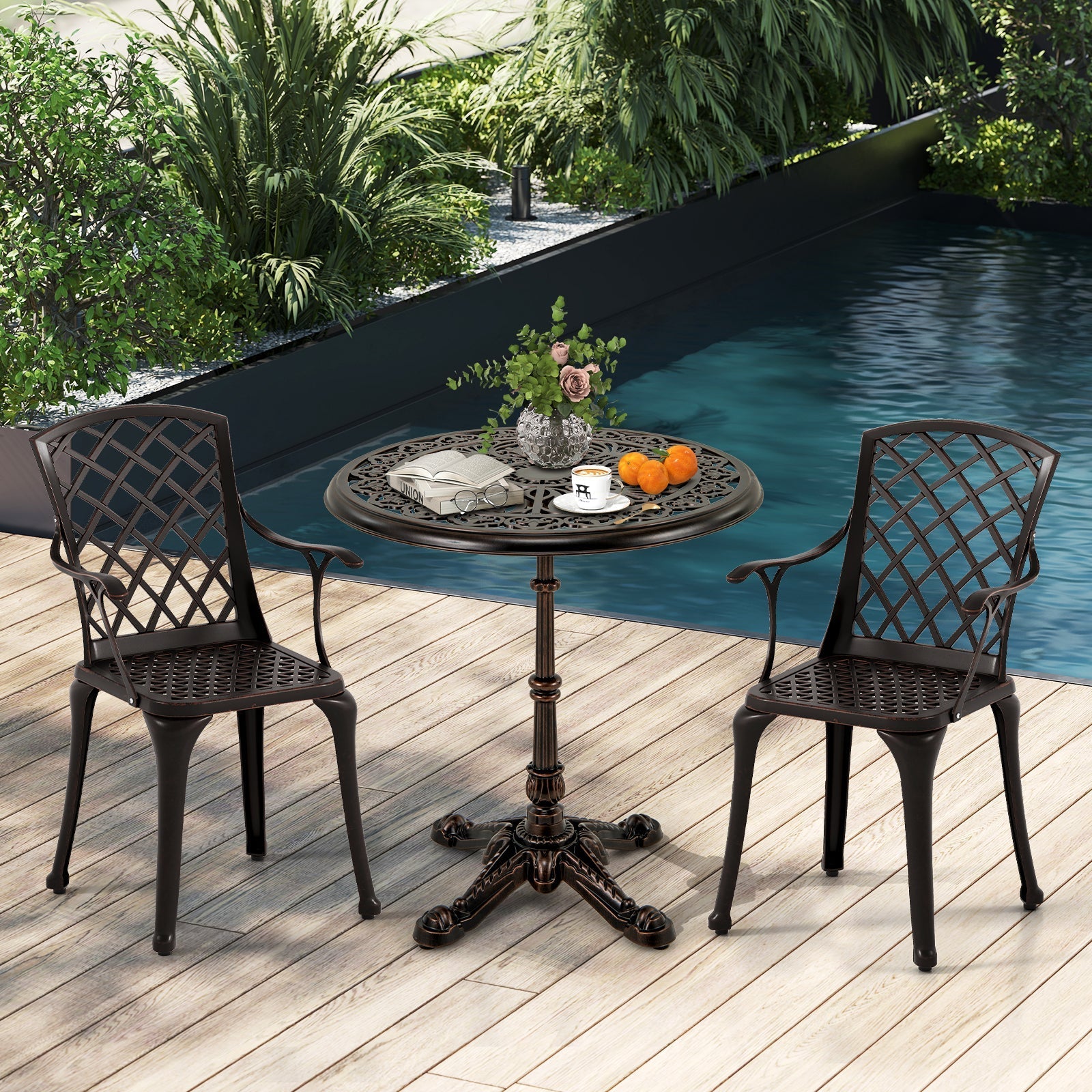 27Inch Round Cast Aluminum Patio Bistro Table with Hollow Top-Copper