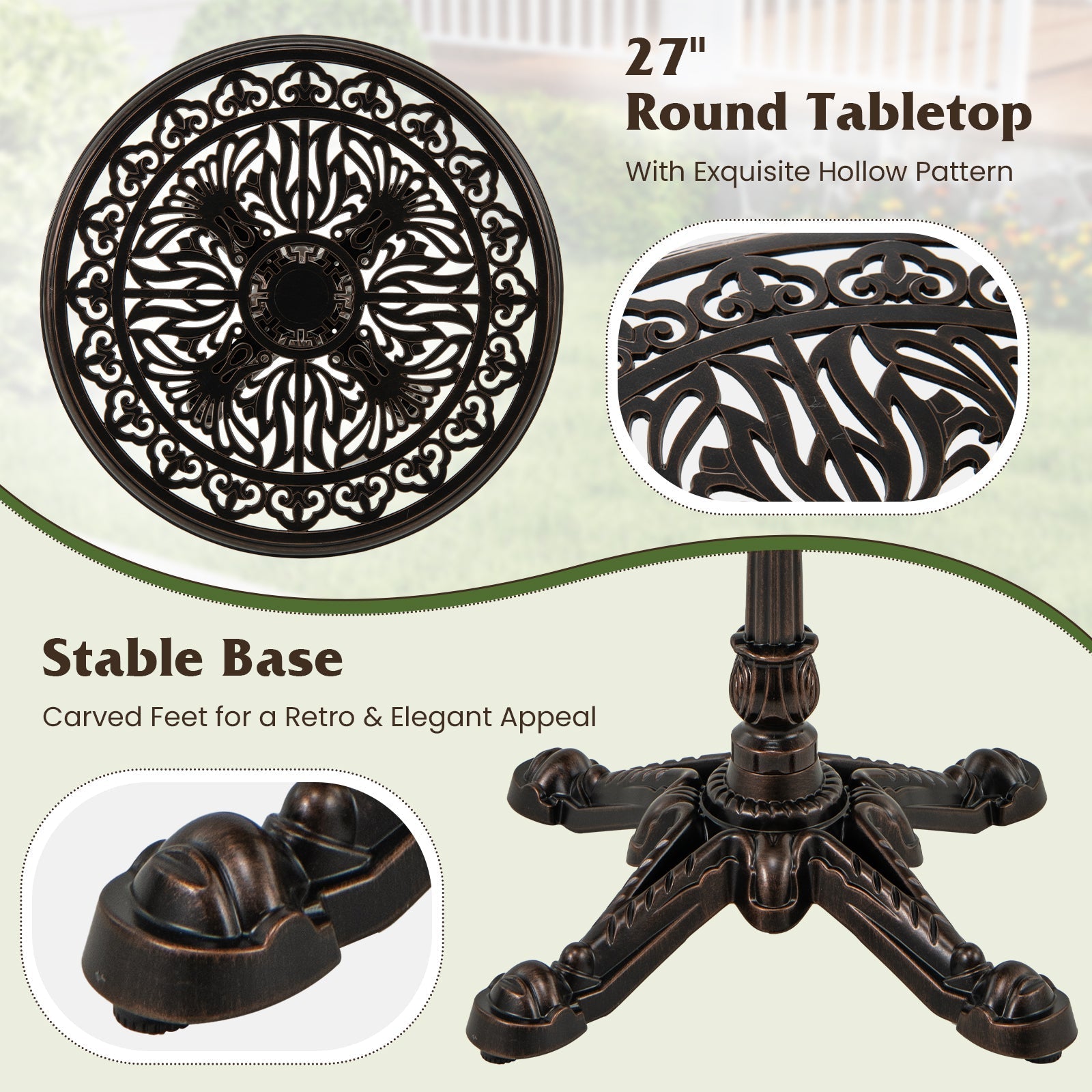 27Inch Round Cast Aluminum Patio Bistro Table with Hollow Top-Copper