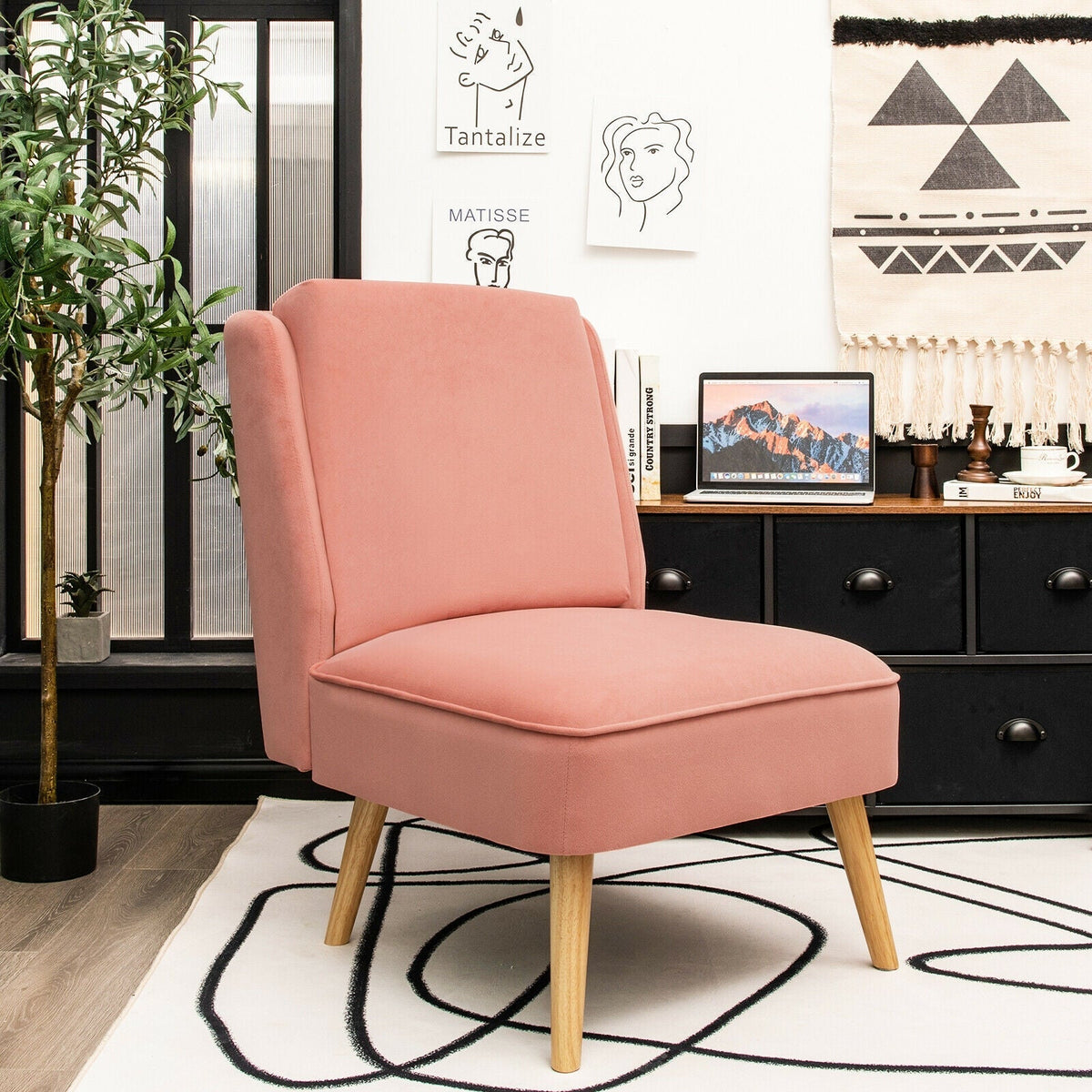 Velvet Accent Armless Side Chair with Rubber Wood Legs for Bedroom