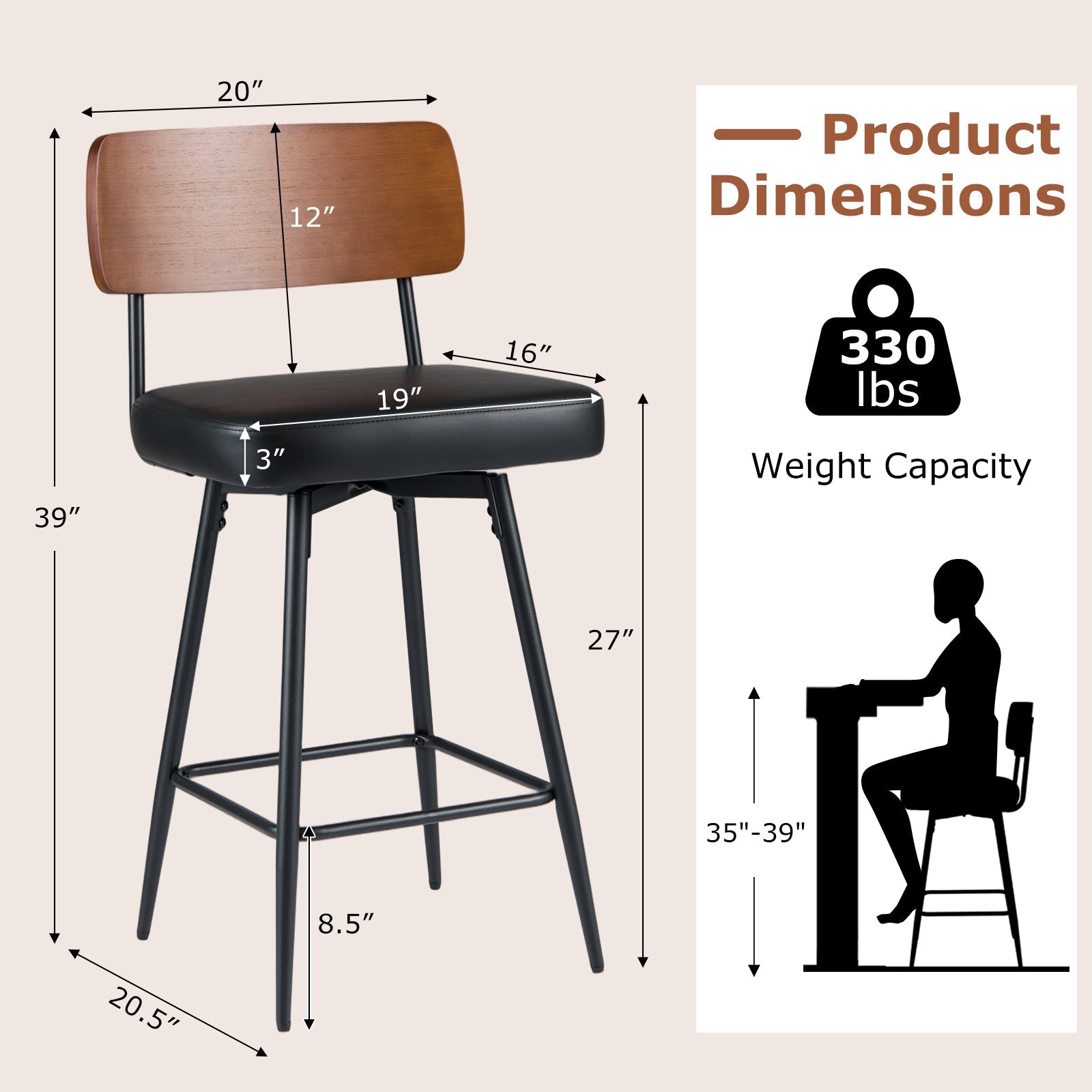 27 Inch Padded Counter Barstools Set of 2 with Metal Legs