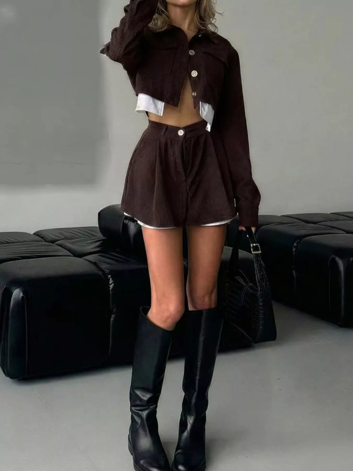 Button Up Cropped Jacket and Mini Skirt Set