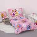 Disney Pretty Pretty Princess Pink, Blue, and Yellow 4 Piece Toddler Bed Set - Comforter, Fitted Bottom Sheet, Flat Top Sheet, and Reversible Pillowcase