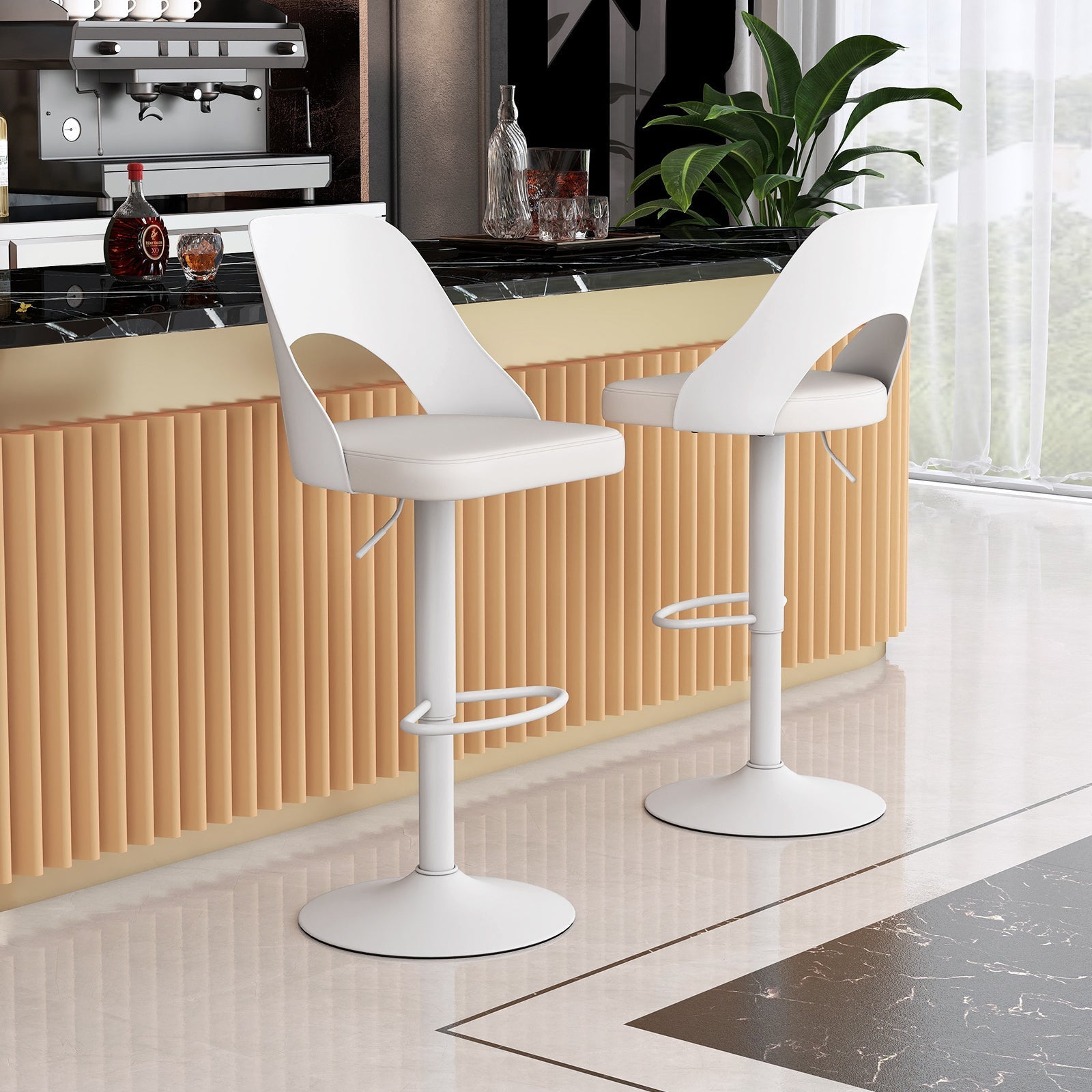Bar Stools Set of 2 with Enlarged PU Leather Seat and Footrest